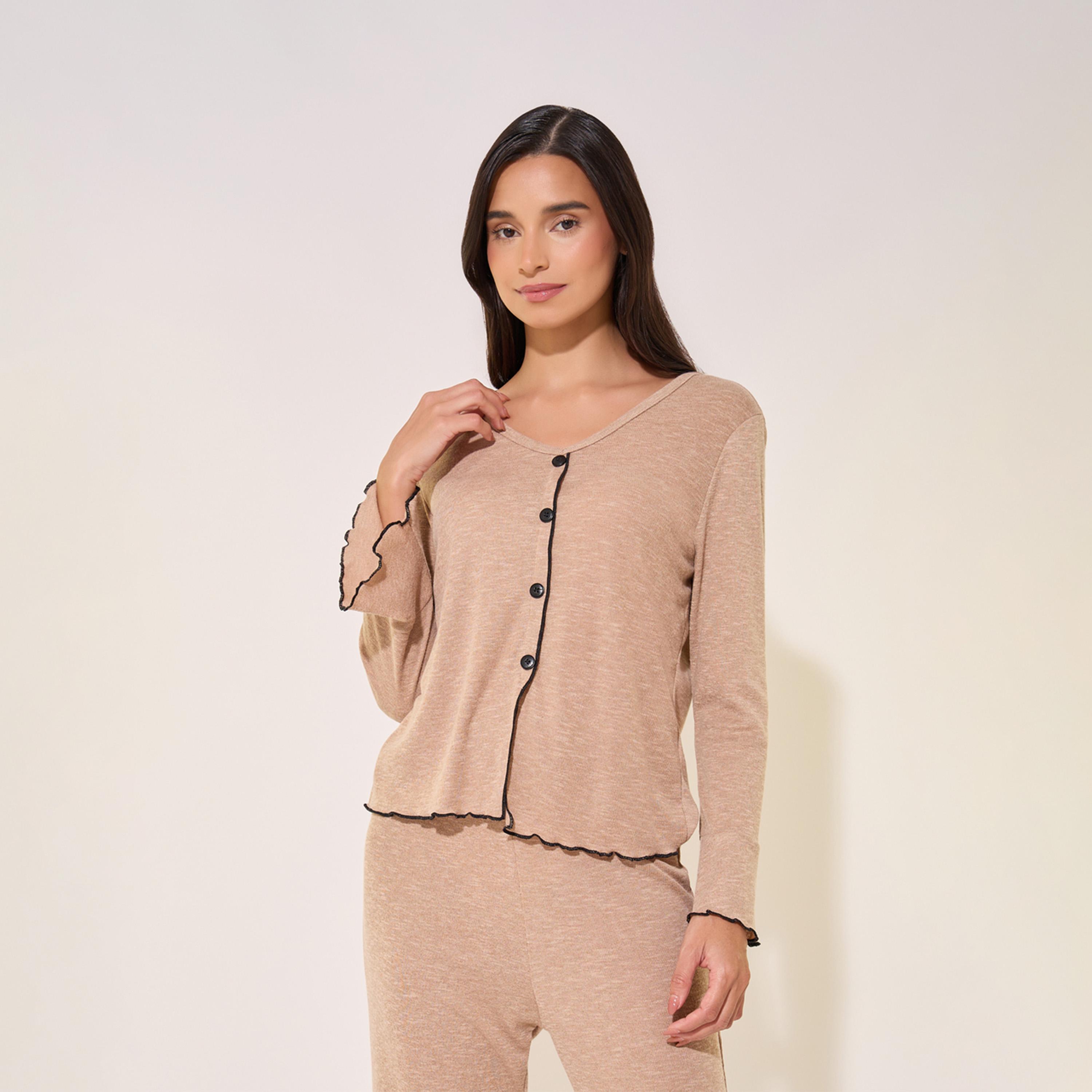 Take Two V-Neck Buttoned Shirt and Pyjama Set-women-clothing-nightwear-pyjamas-longsets-image-2