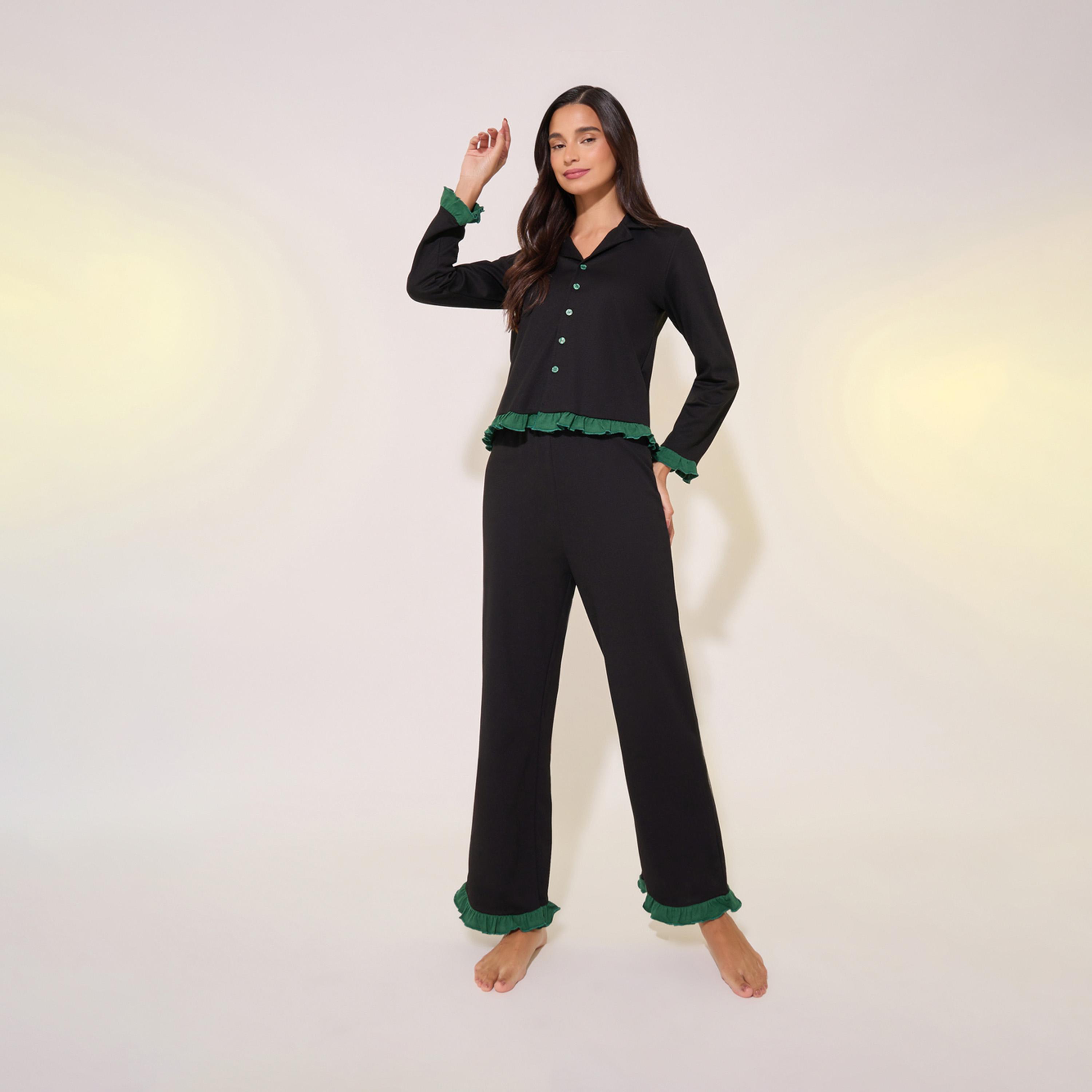 Take Two Contrast Ruffle Hem Shirt and Pyjama Set-women-clothing-nightwear-pyjamas-longsets-image-1