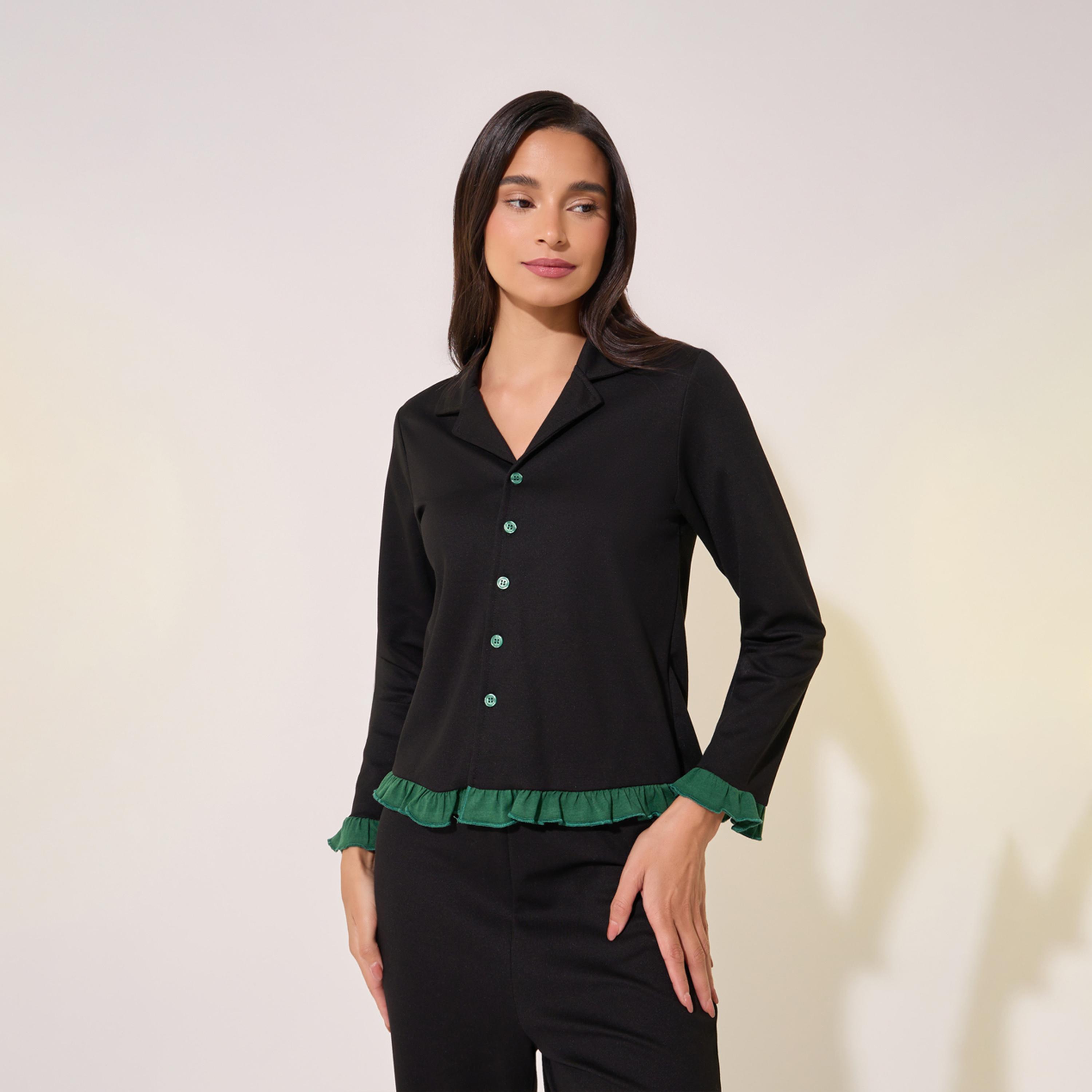 Take Two Contrast Ruffle Hem Shirt and Pyjama Set-women-clothing-nightwear-pyjamas-longsets-image-2