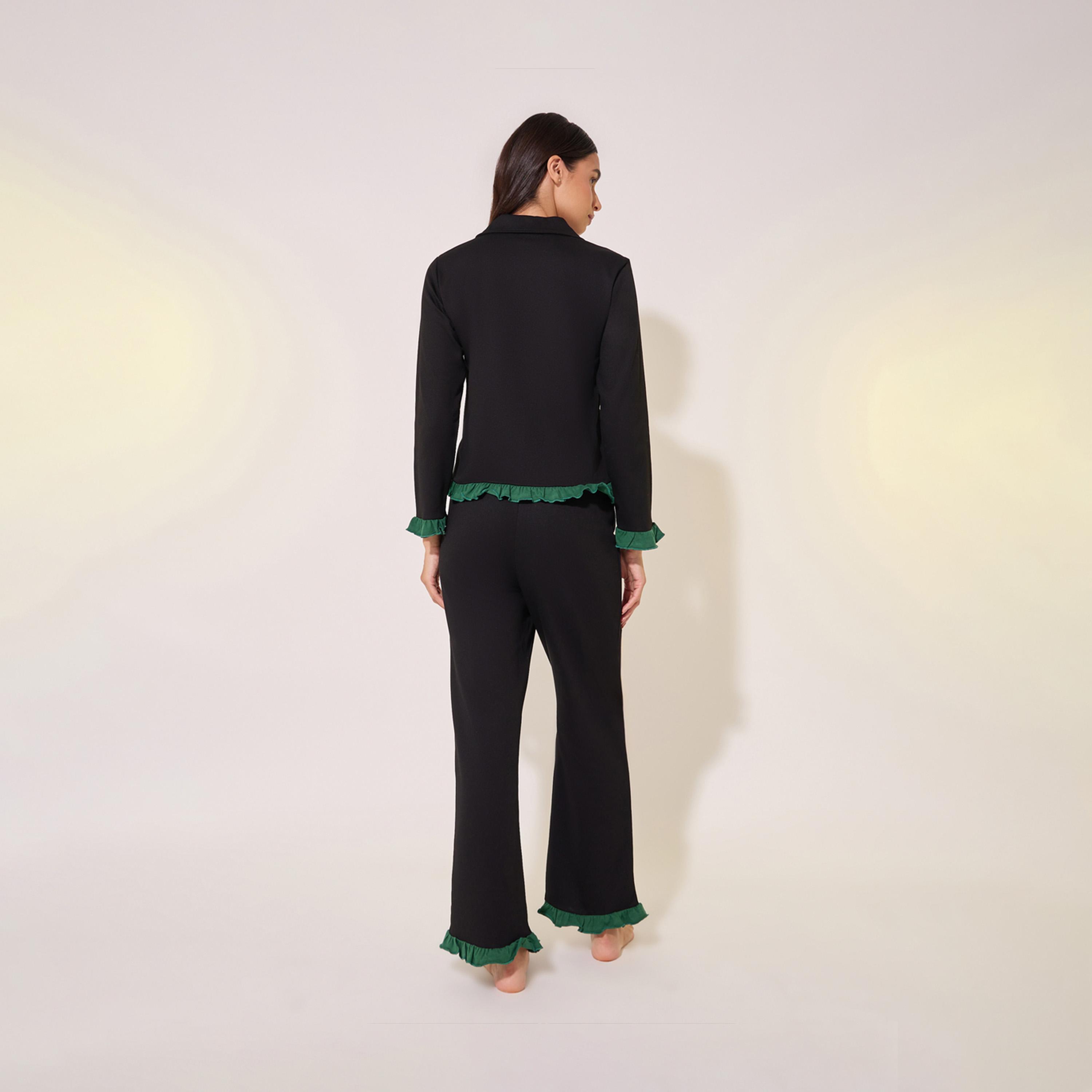 Take Two Contrast Ruffle Hem Shirt and Pyjama Set-women-clothing-nightwear-pyjamas-longsets-image-5