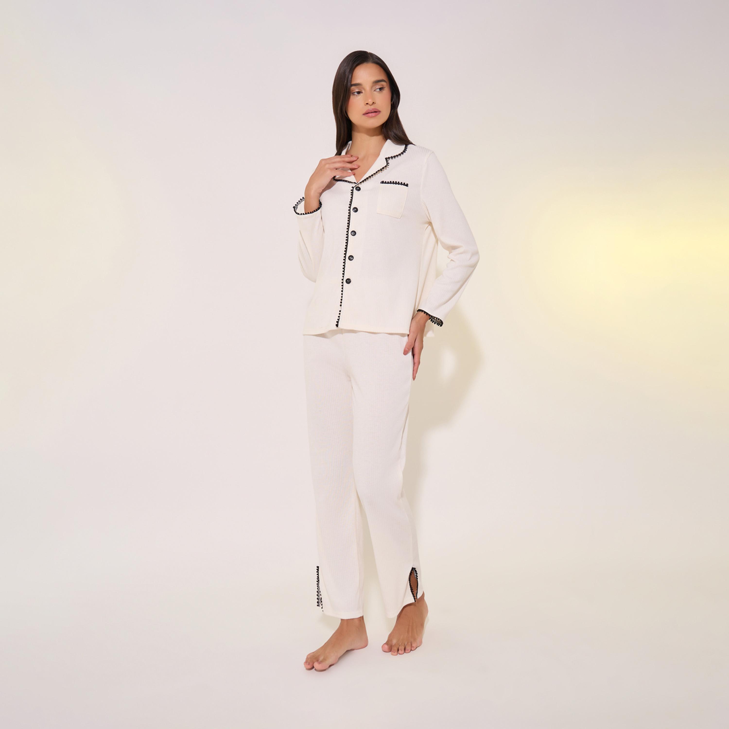 Take Two Contrast Trim Shirt with Pocket and Pyjama Set-women-clothing-nightwear-pyjamas-longsets-image-1