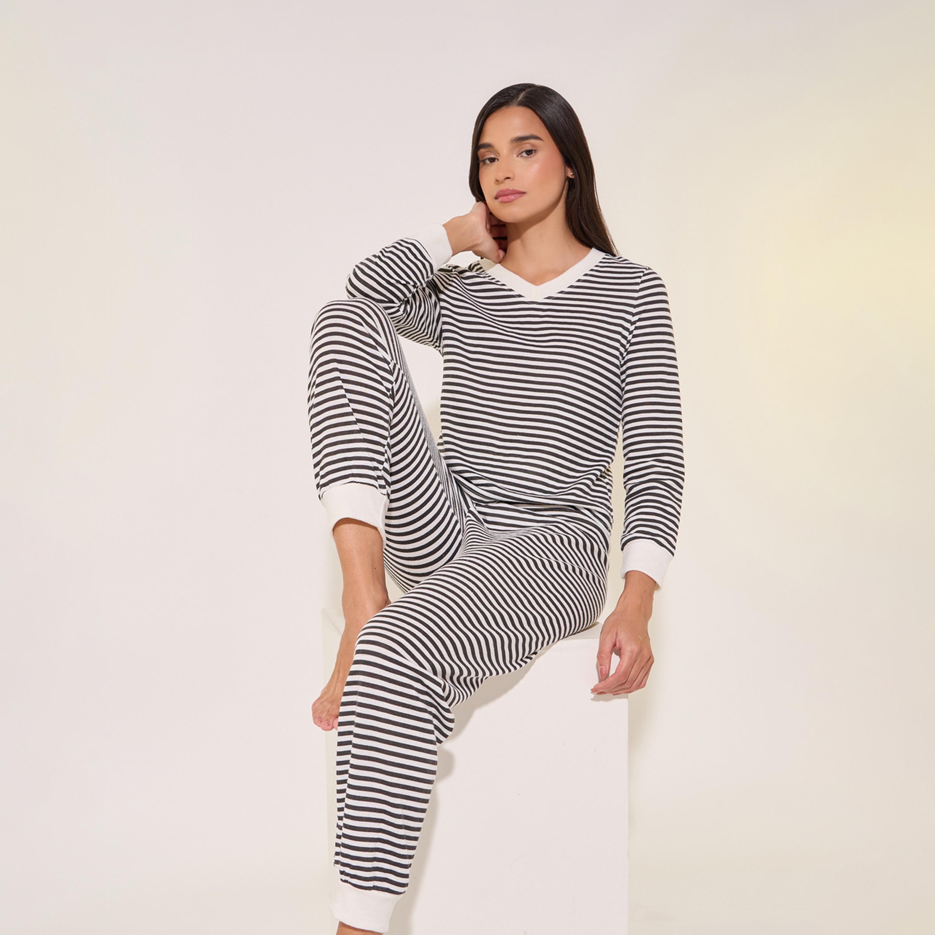Take Two Striped Contrast V-Neck T-Shirt and Pyjama Set-women-clothing-nightwear-pyjamas-longsets-image-1