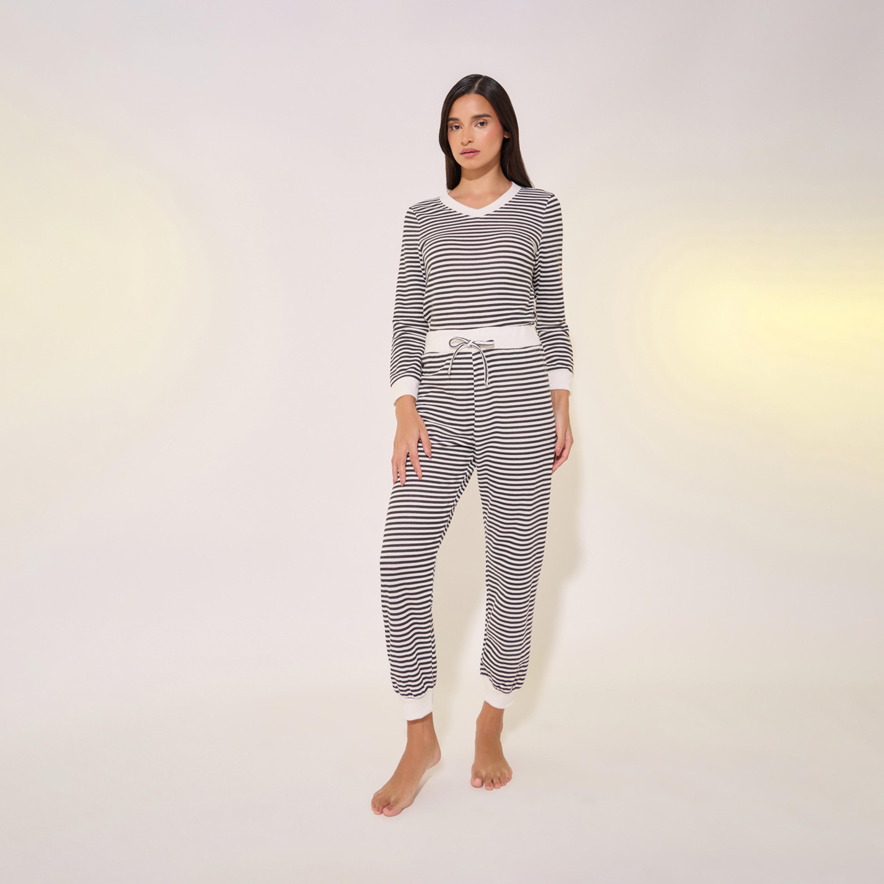 Take Two Striped Contrast V-Neck T-Shirt and Pyjama Set-women-clothing-nightwear-pyjamas-longsets-image-2