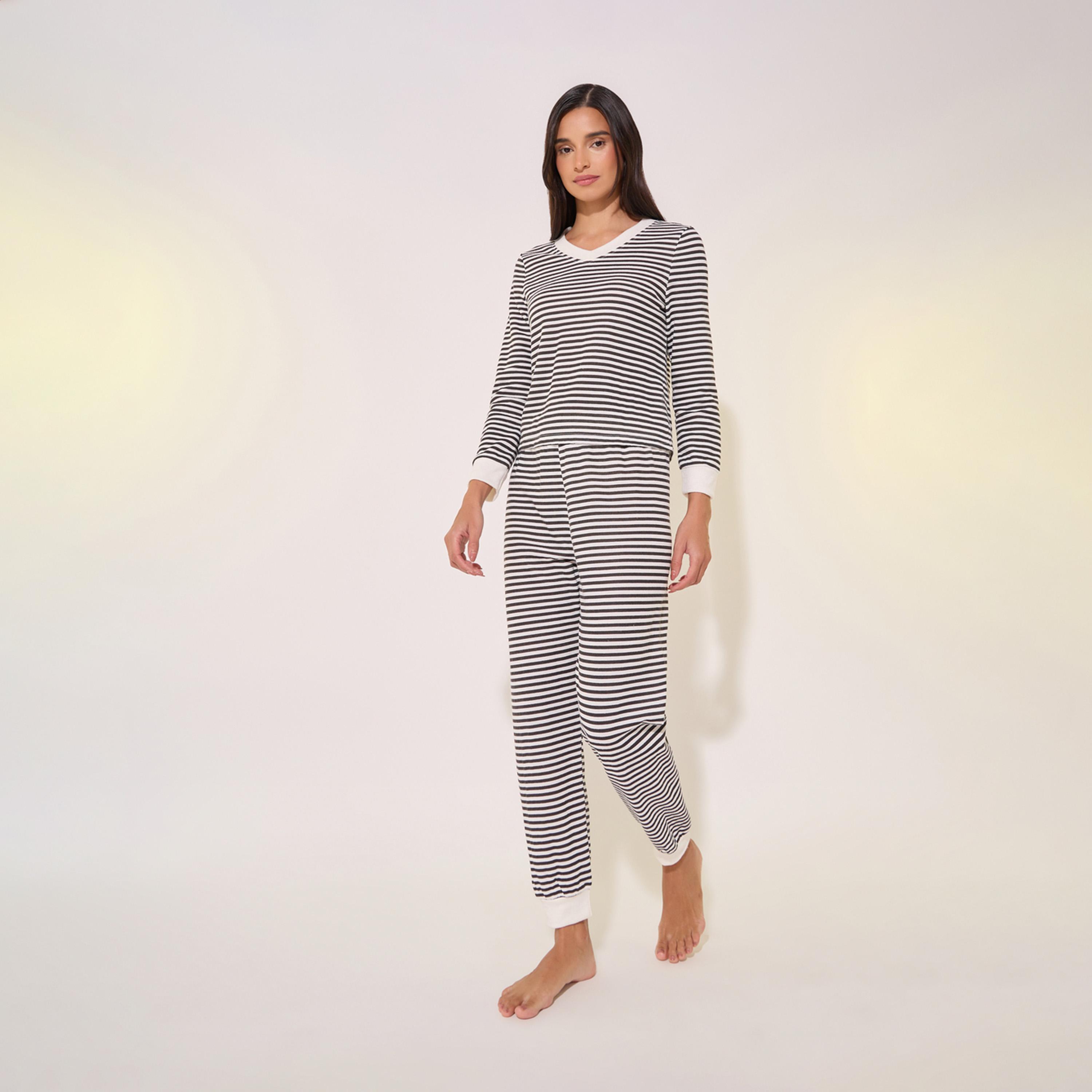 Take Two Striped Contrast V-Neck T-Shirt and Pyjama Set-women-clothing-nightwear-pyjamas-longsets-image-3
