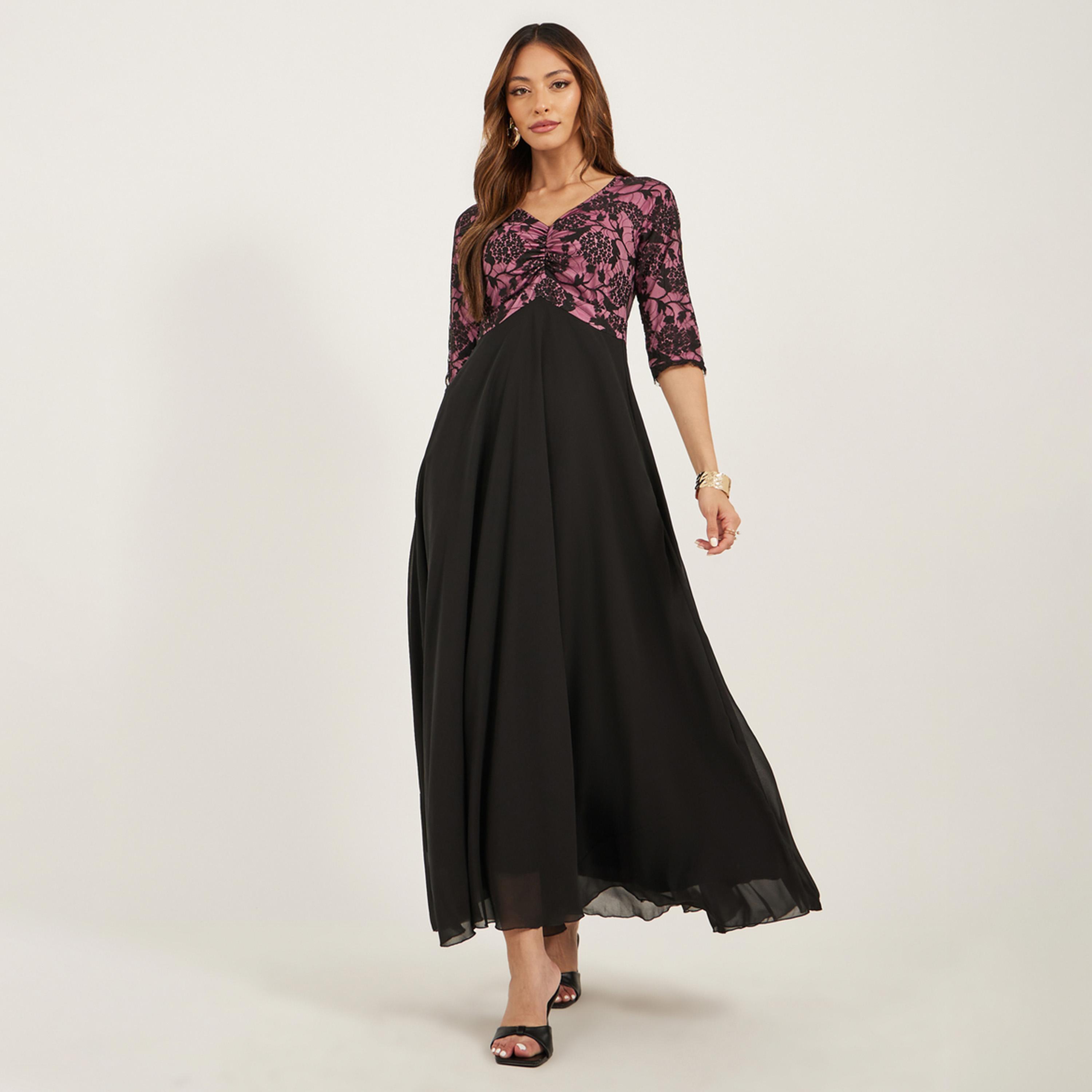Styli Ruched Detail V-Neck Lace Maxi Dress-women-clothing-dresses-image-1
