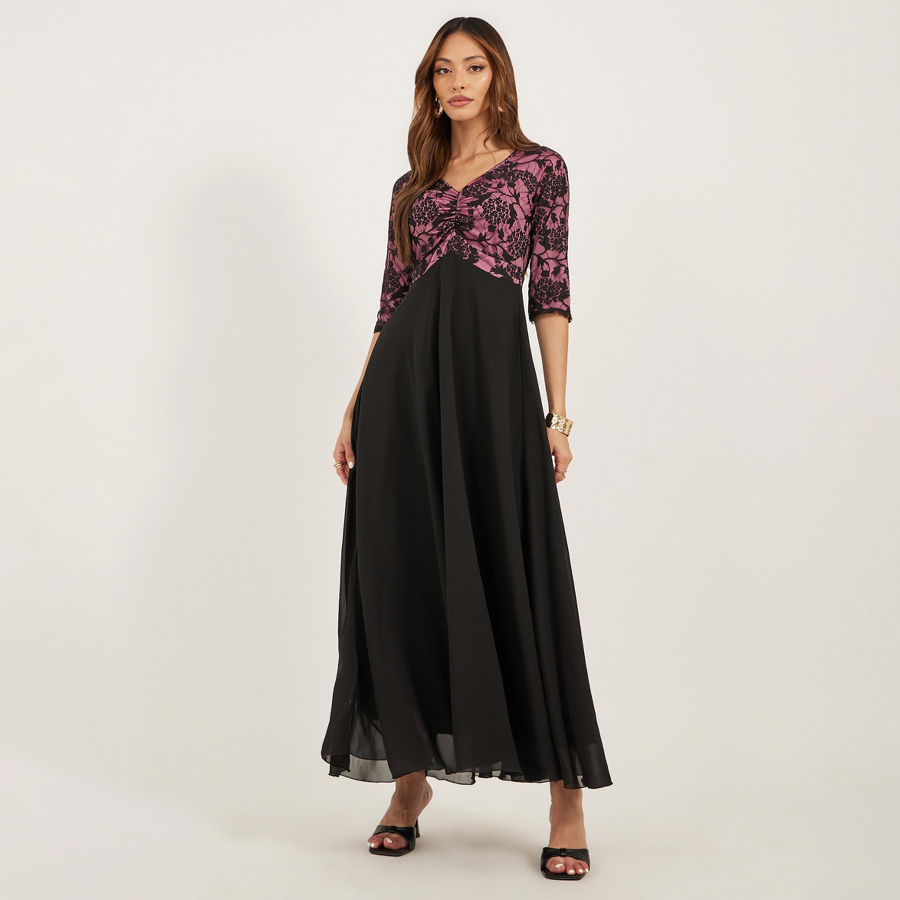 Styli Ruched Detail V-Neck Lace Maxi Dress-women-clothing-dresses-image-2