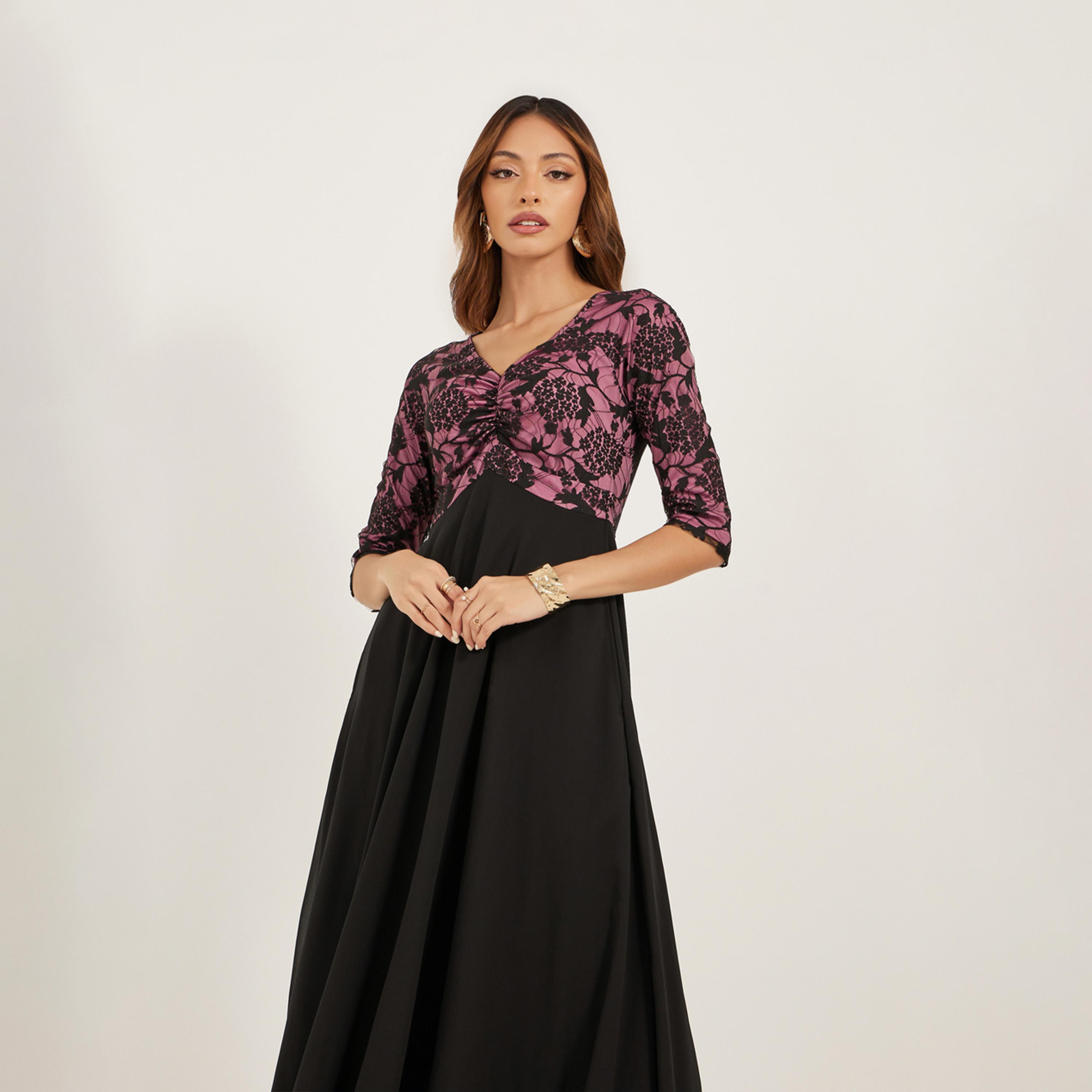 Styli Ruched Detail V-Neck Lace Maxi Dress-women-clothing-dresses-image-3