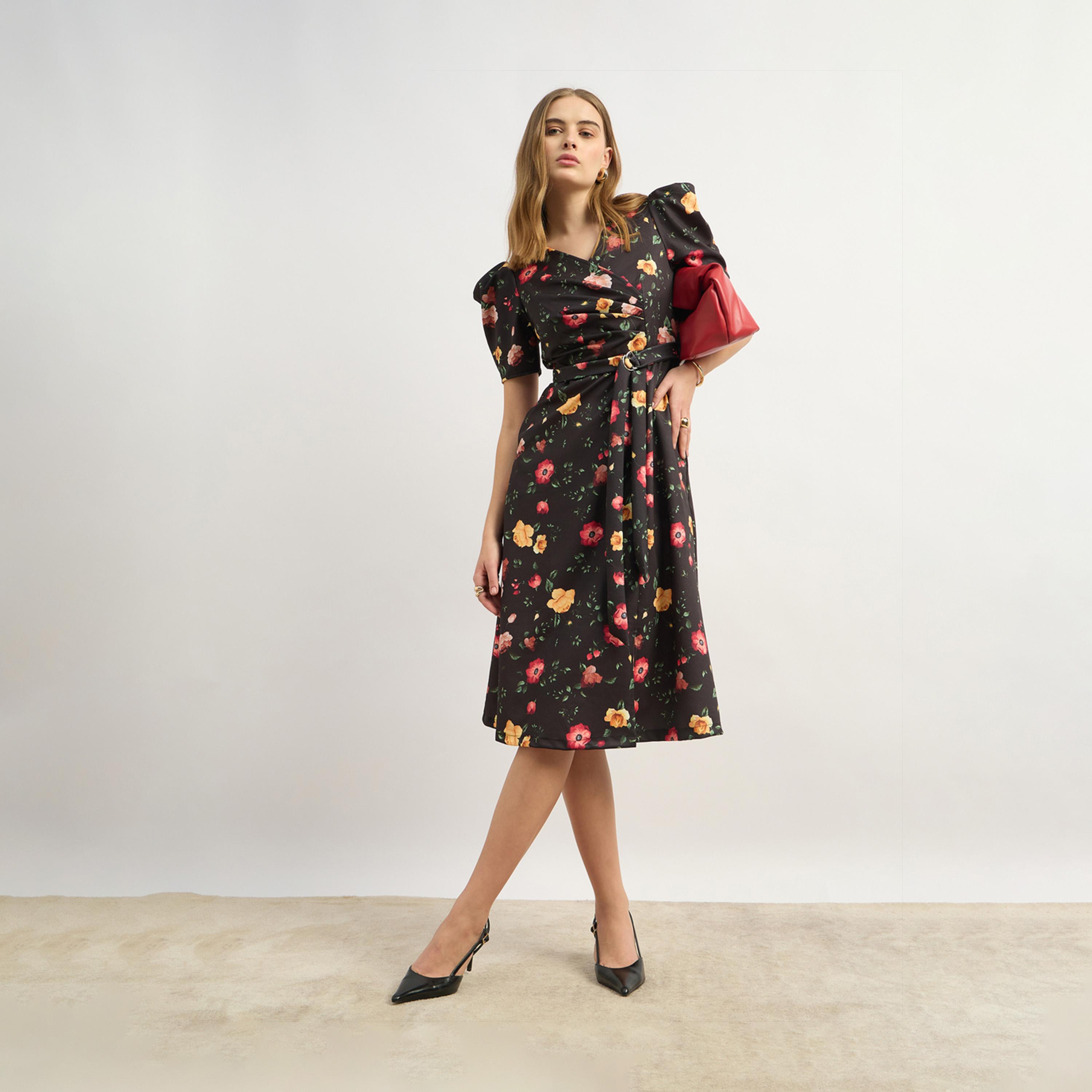 ستايلي - فستان ميدي بقصة A وطبعة زهور بأكمام منفوخة-women-clothing-dresses-image-1
