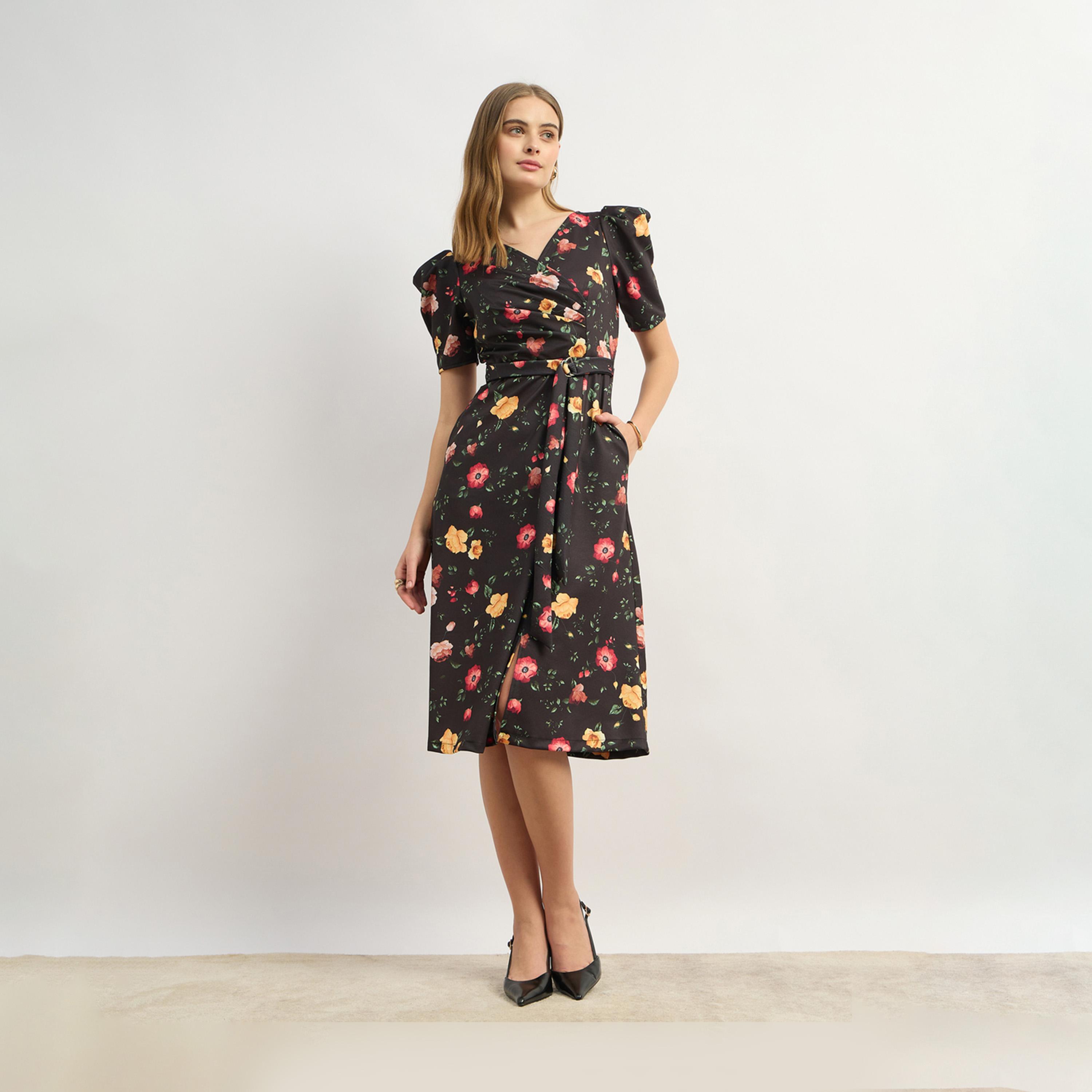 Styli Floral Print A-Line Midi Dress With Puff Sleeves-women-clothing-dresses-image-2