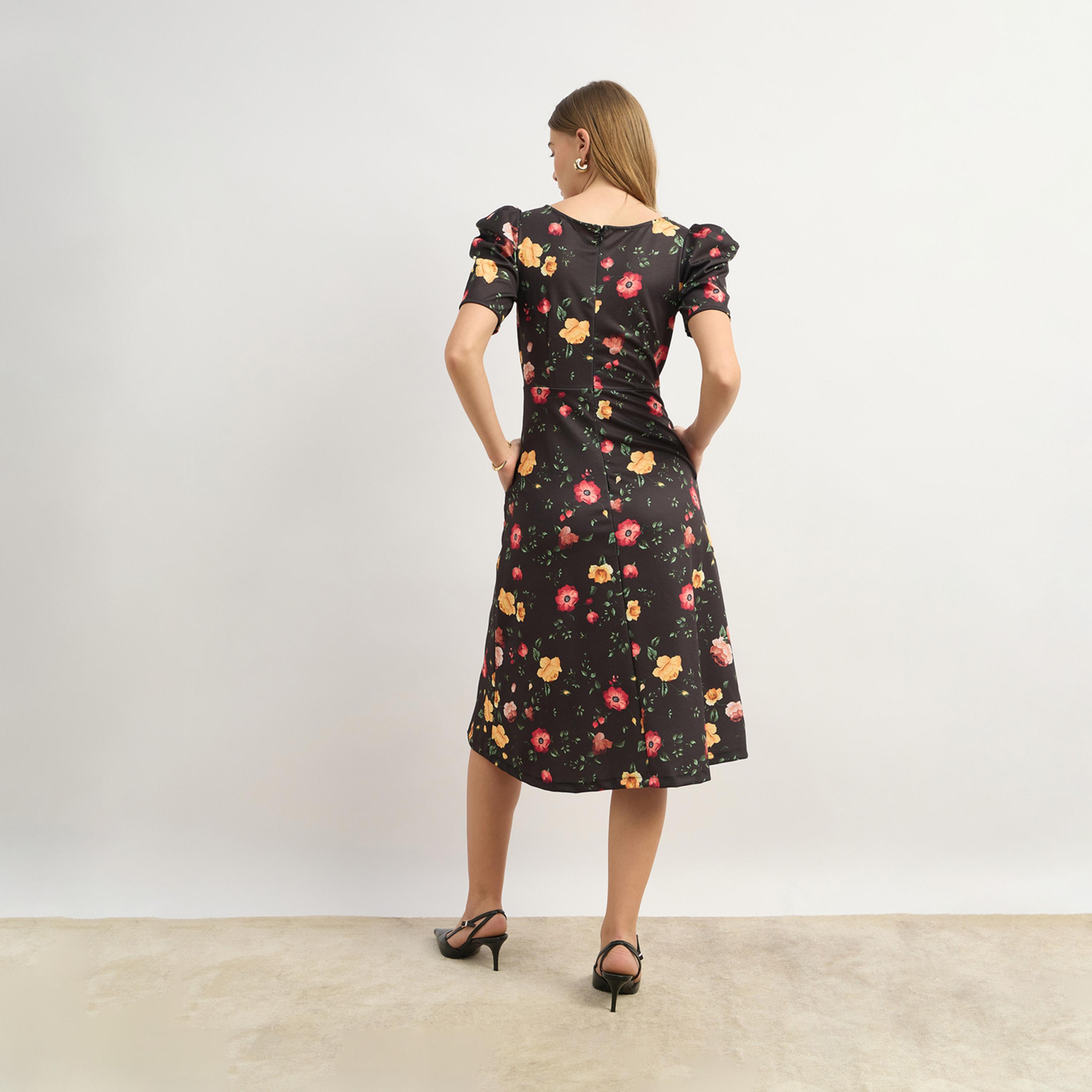 Styli Floral Print A-Line Midi Dress With Puff Sleeves-women-clothing-dresses-image-5