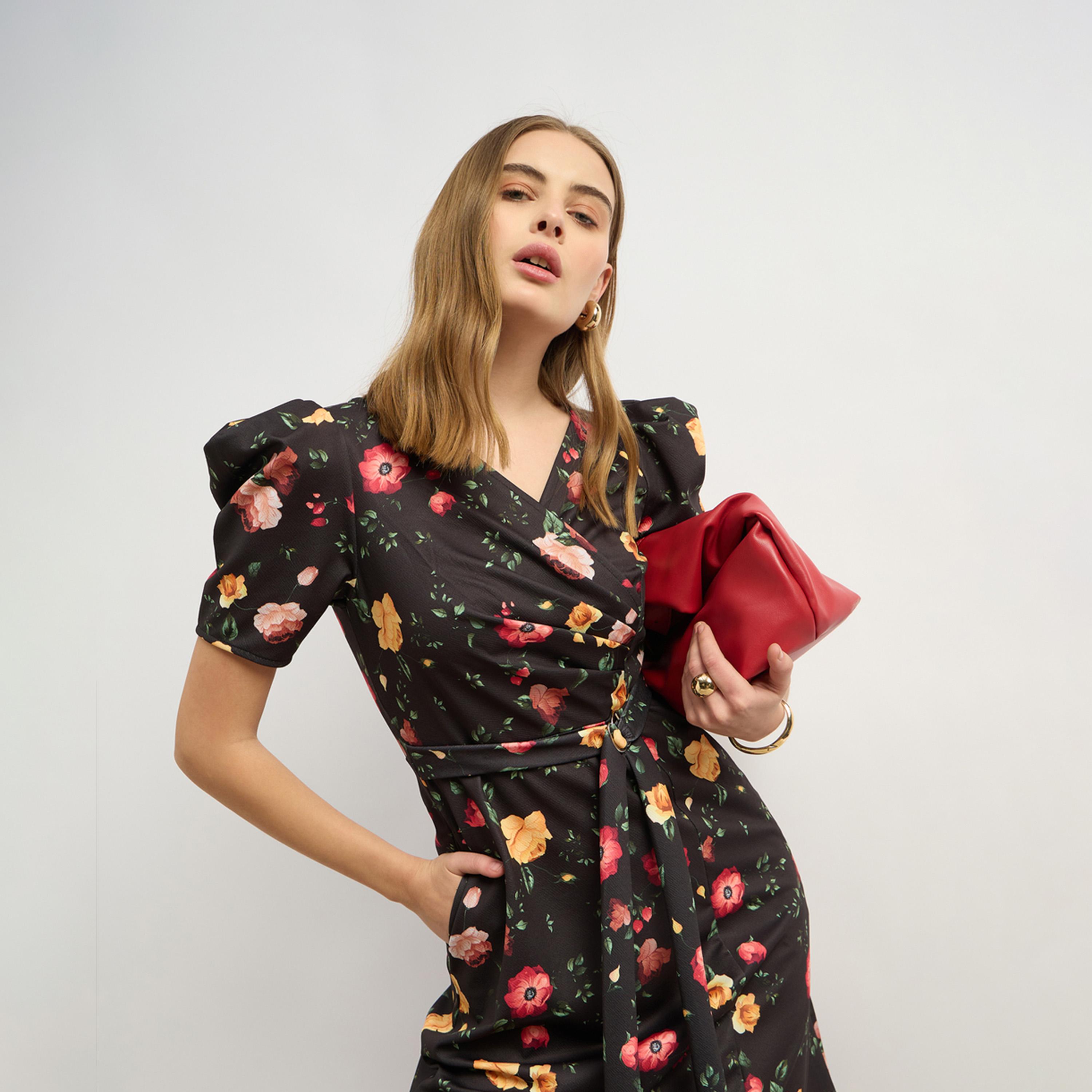 ستايلي - فستان ميدي بقصة A وطبعة زهور بأكمام منفوخة-women-clothing-dresses-image-6