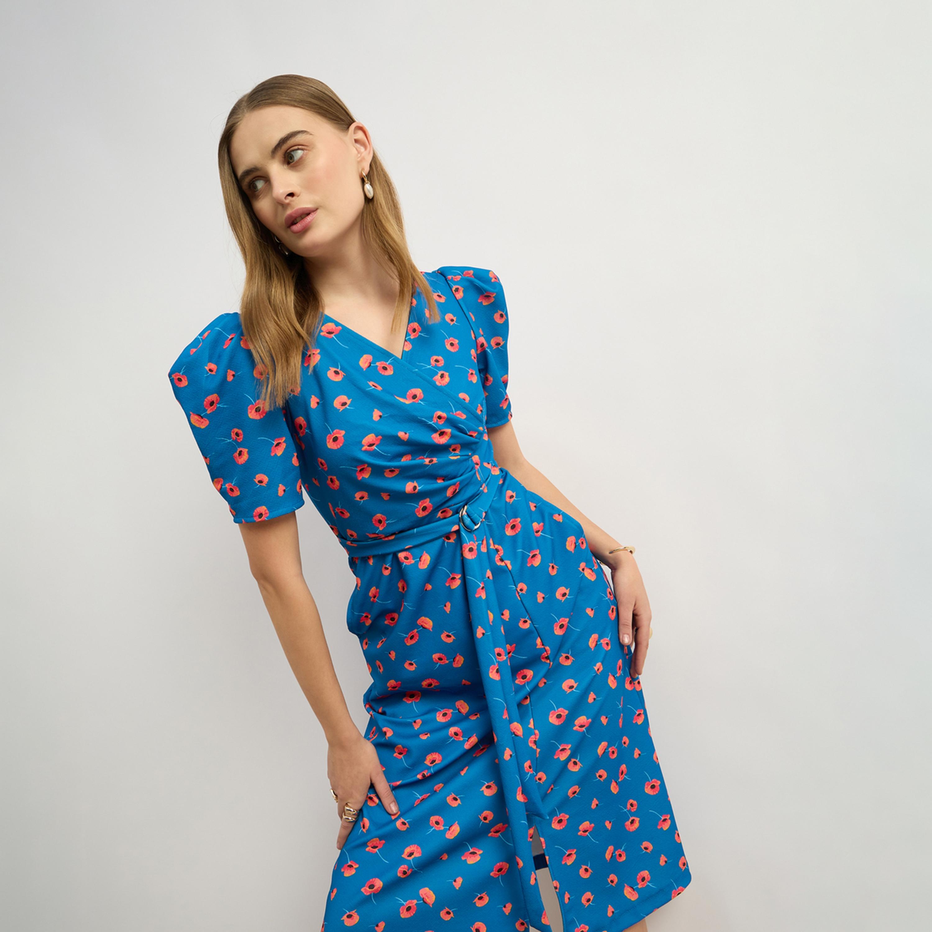 ستايلي - فستان ميدي بقصة A وطبعة زهور بأكمام منفوخة-women-clothing-dresses-image-6