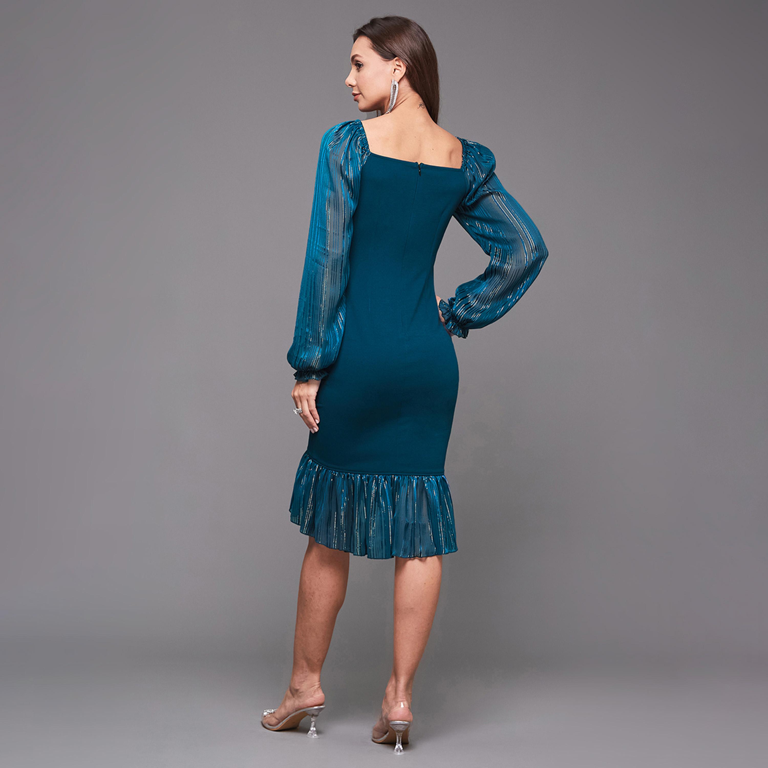 Styli Solid Ruched Ruffled Hem Sheath Midi Dress-women-clothing-dresses-image-4