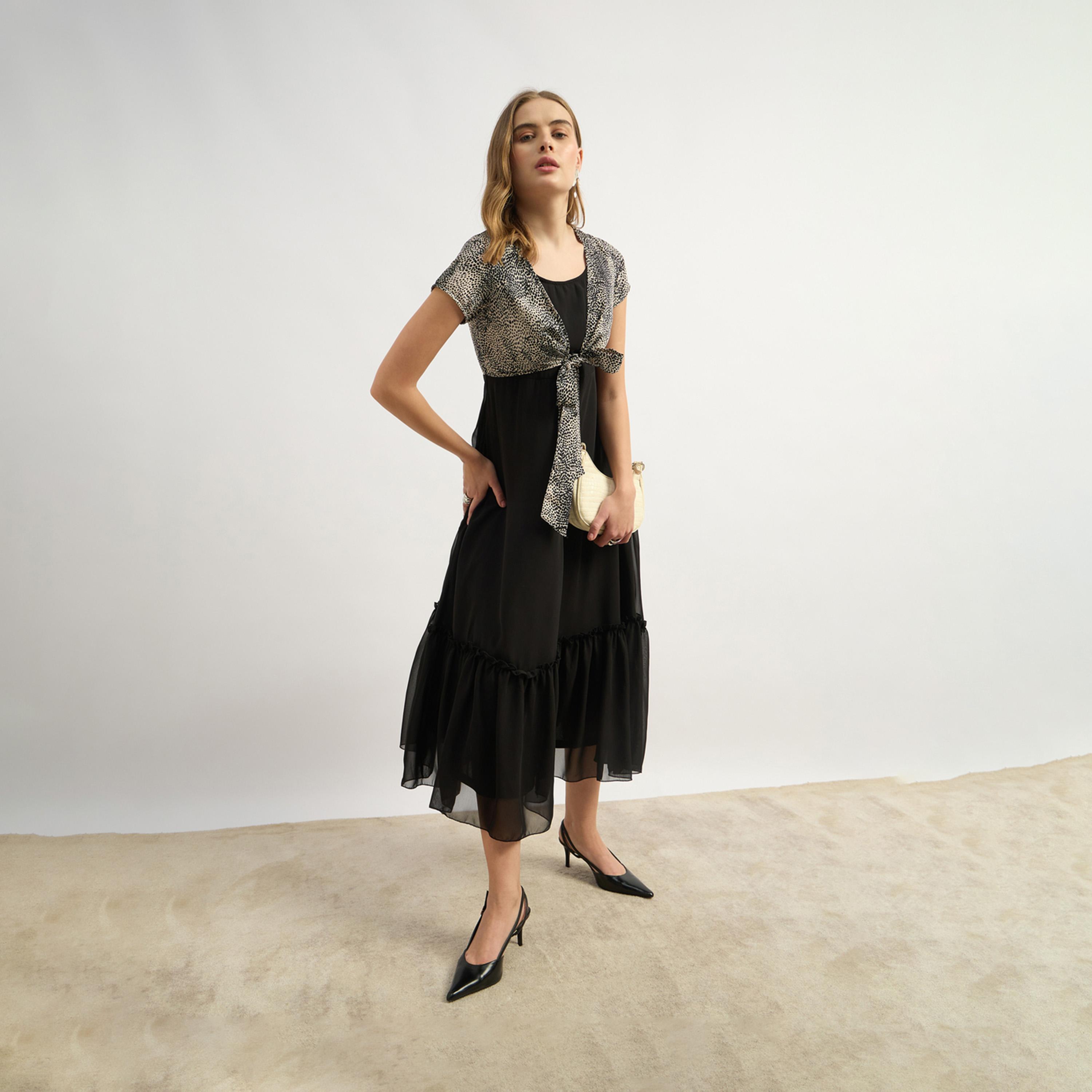 Styli Contrast Animal Print Tie-Up Detail Midi Dress-women-clothing-dresses-image-1