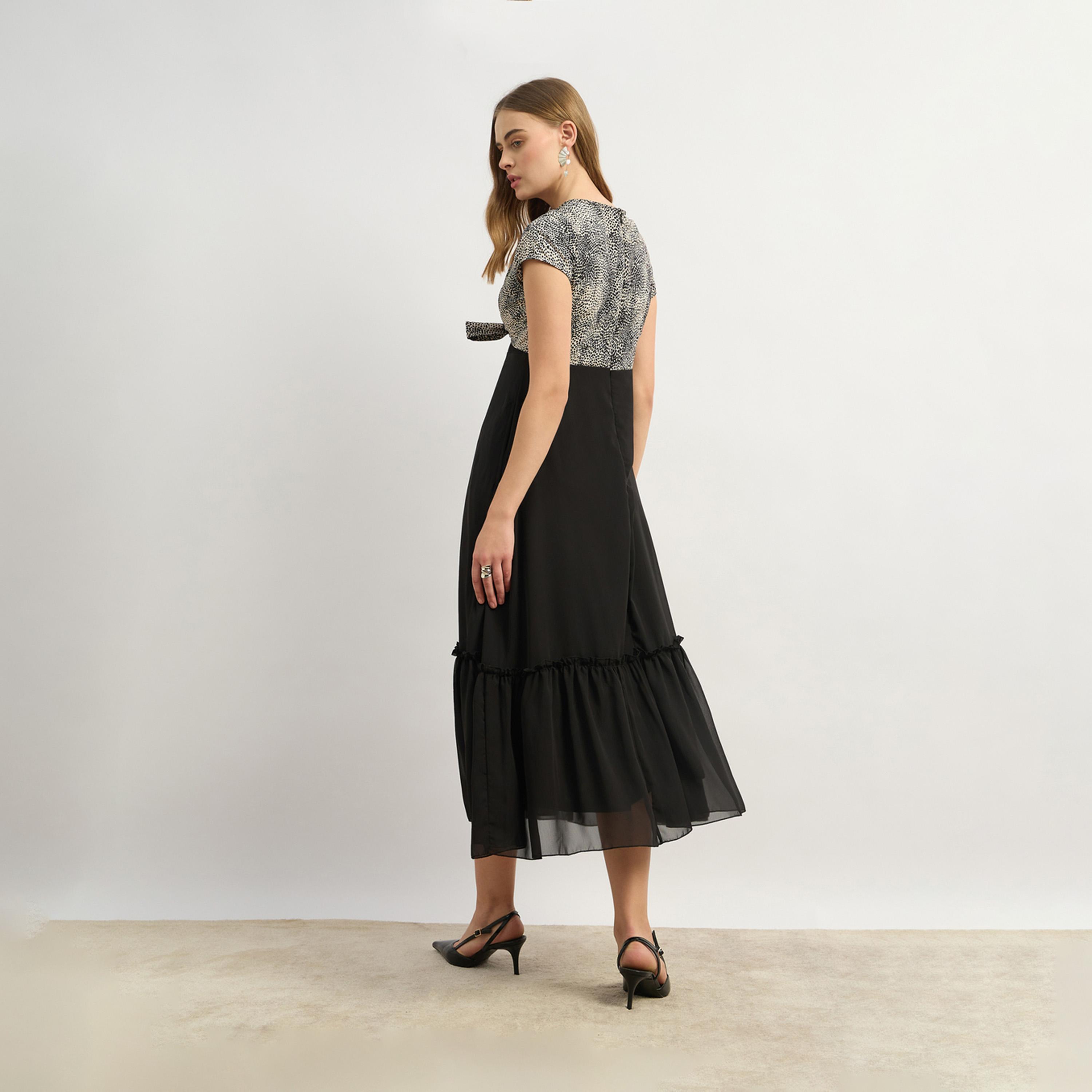 Styli Contrast Animal Print Tie-Up Detail Midi Dress-women-clothing-dresses-image-5