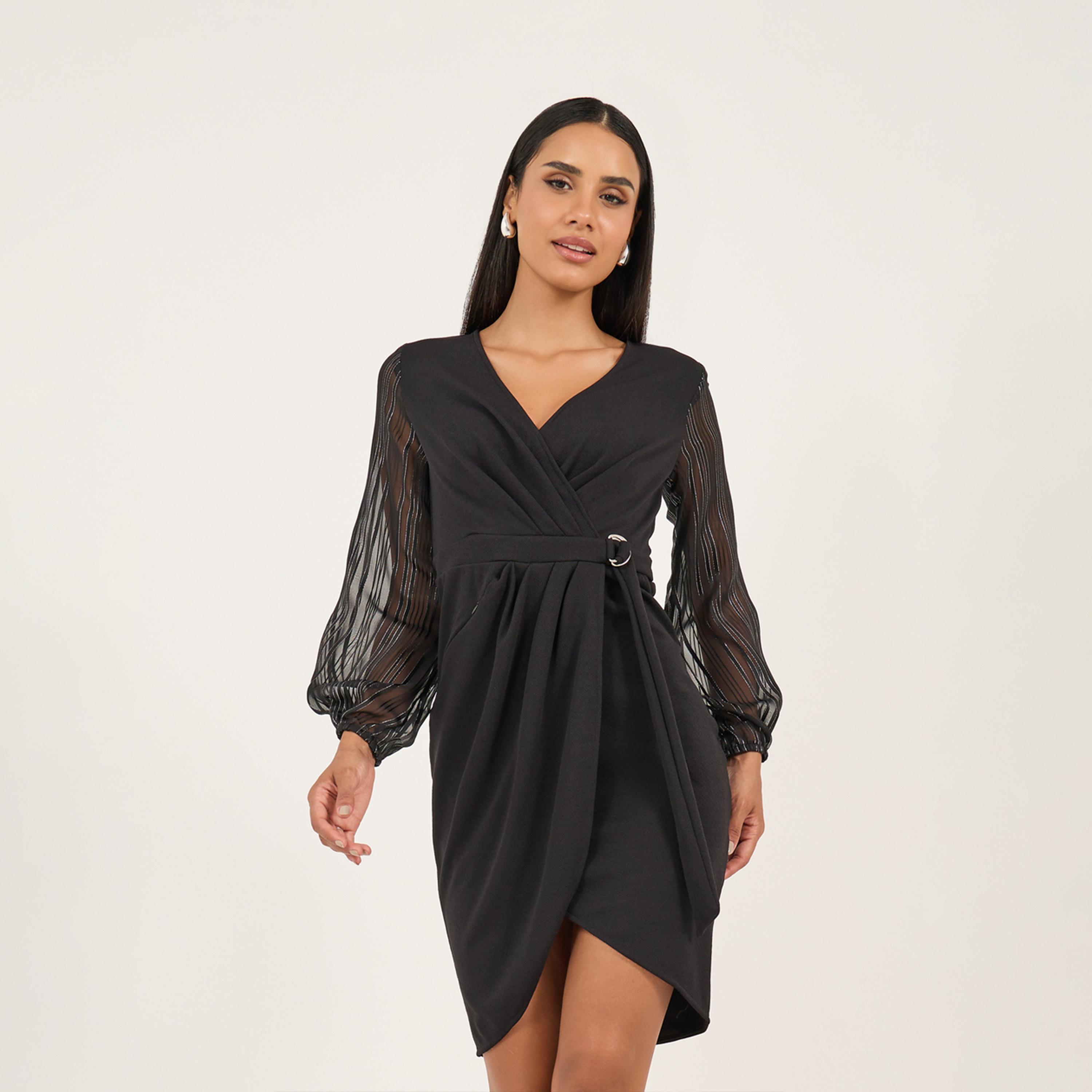 Styli Solid Pleated Sheath Knee Length Dress-women-clothing-dresses-image-1