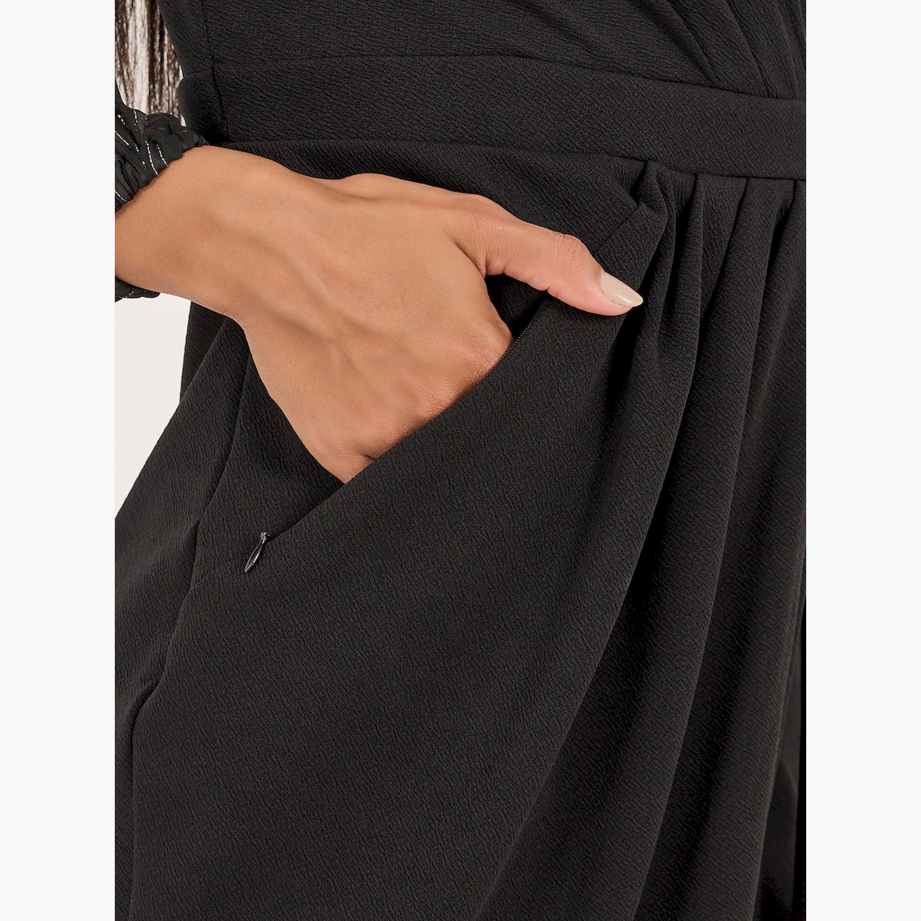 Styli Solid Pleated Sheath Knee Length Dress-women-clothing-dresses-image-4