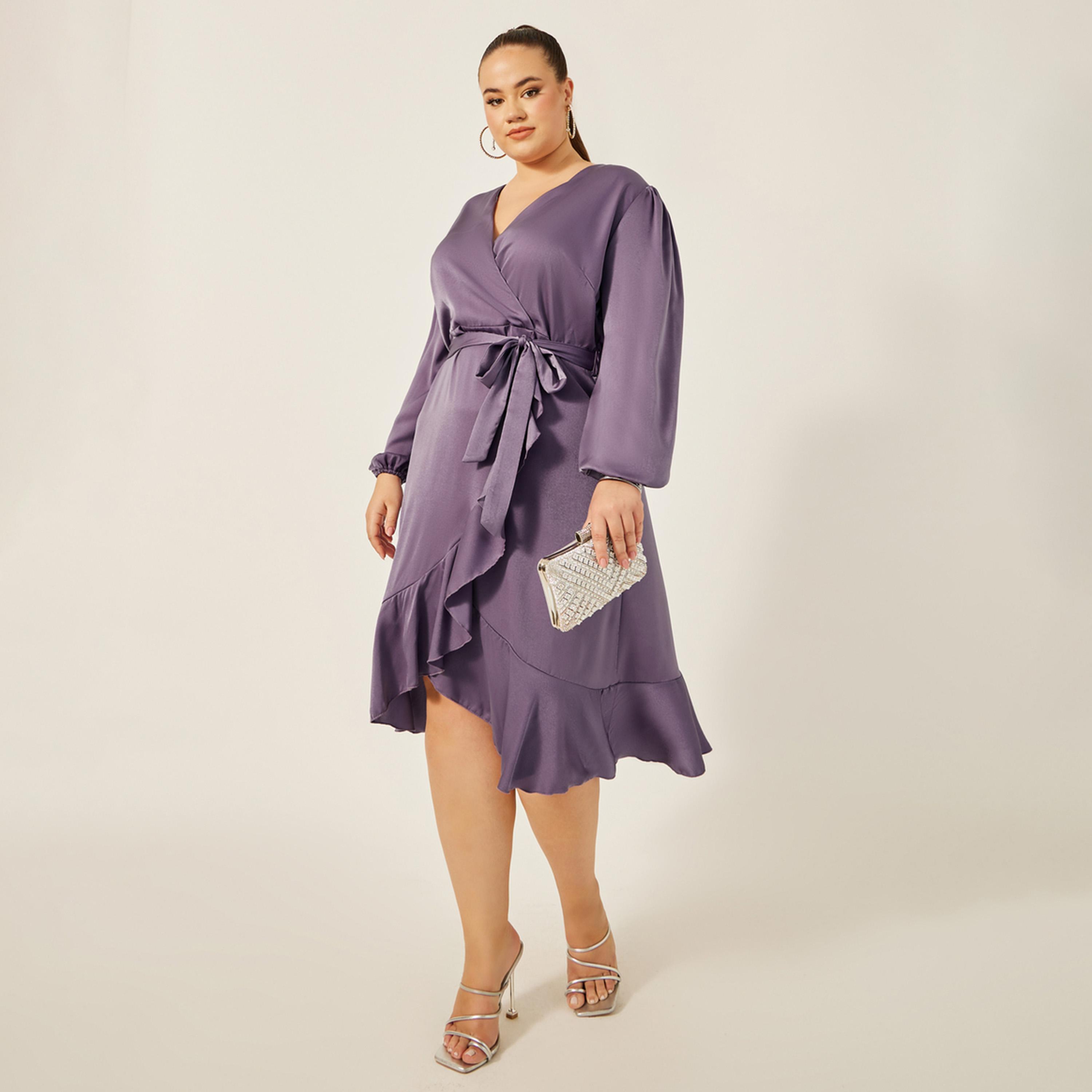 Styli Plus Size Solid Balloon Sleeve Wrap Midi Dress-women-clothing-dresses-image-1