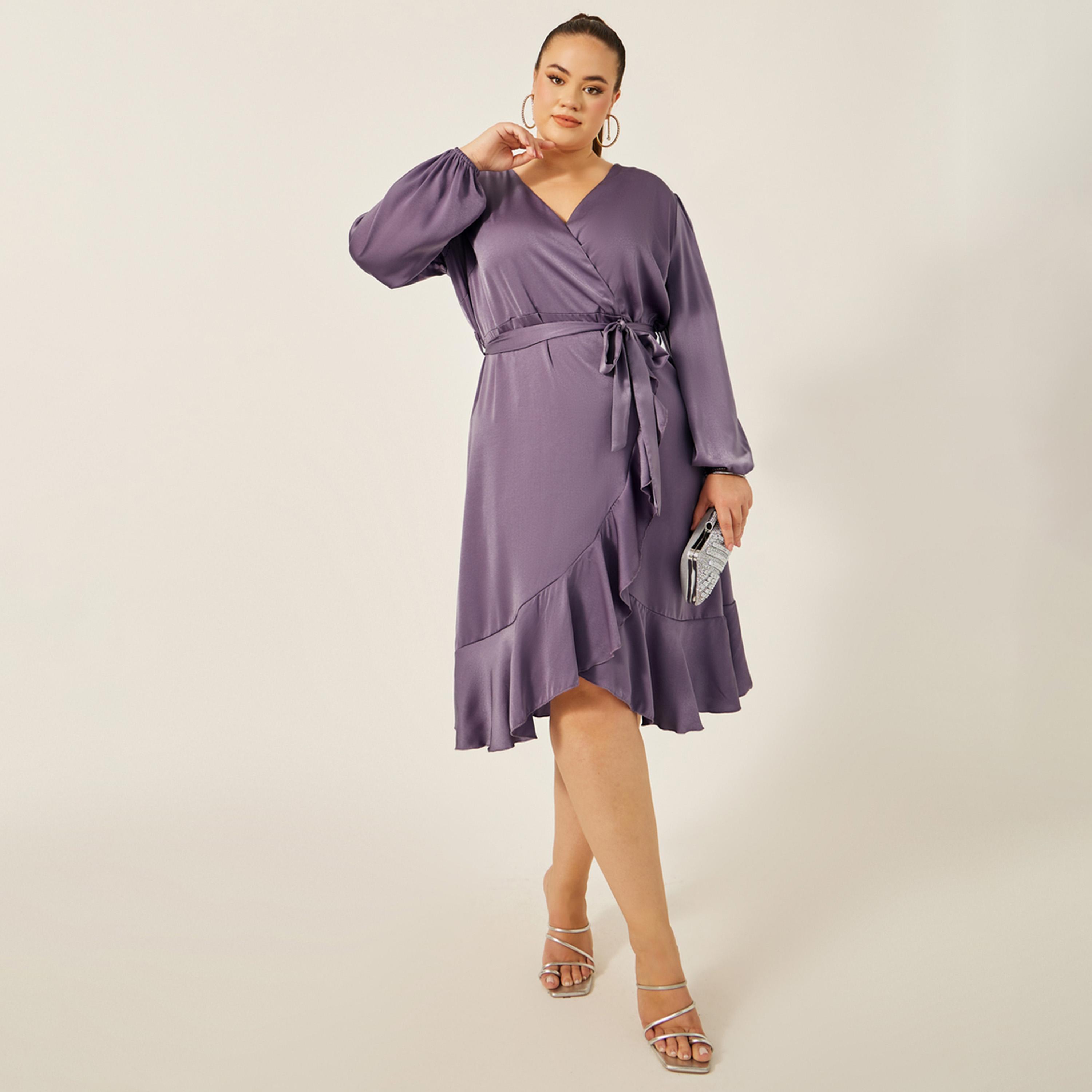 Styli Plus Size Solid Balloon Sleeve Wrap Midi Dress-women-clothing-dresses-image-2