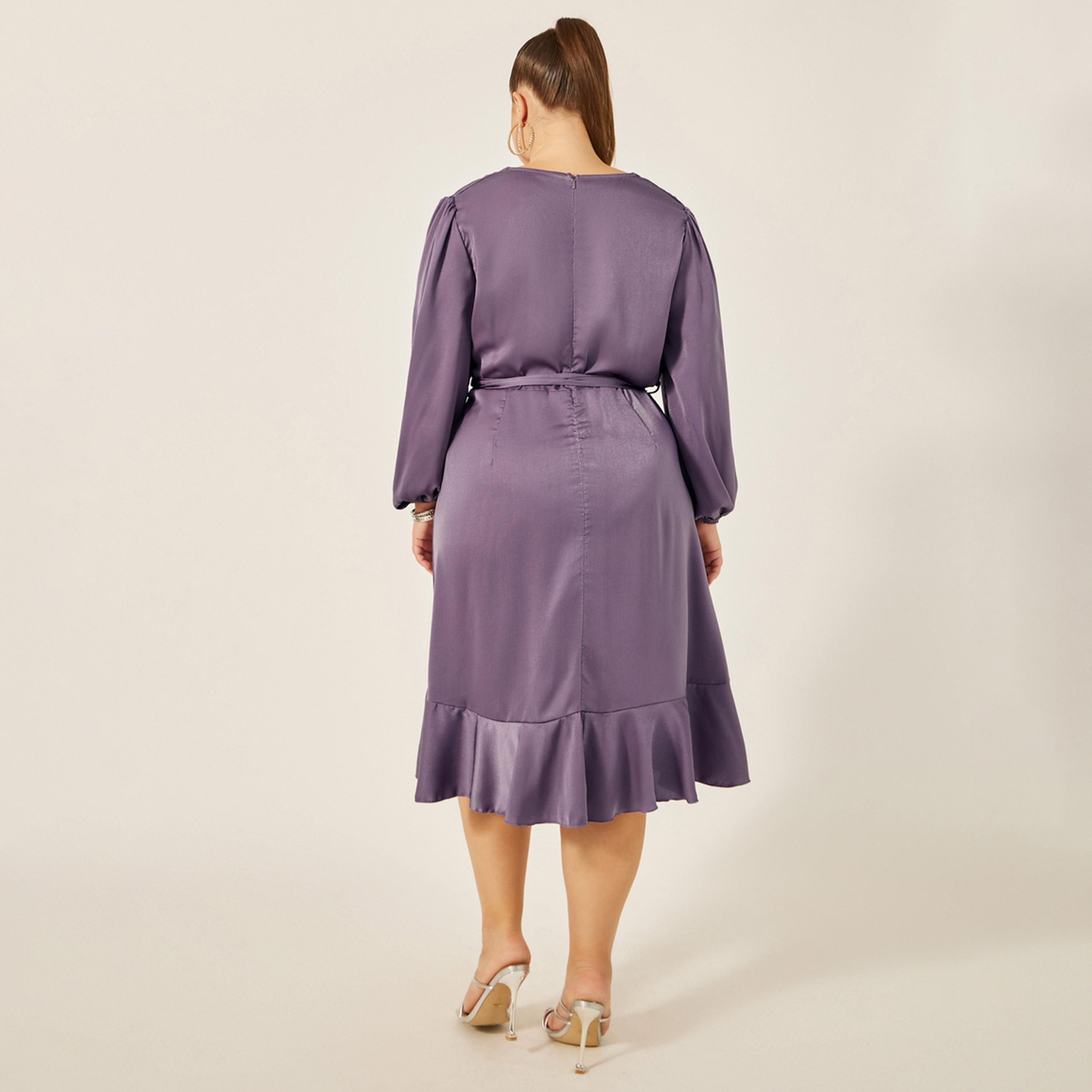 Styli Plus Size Solid Balloon Sleeve Wrap Midi Dress-women-clothing-dresses-image-5