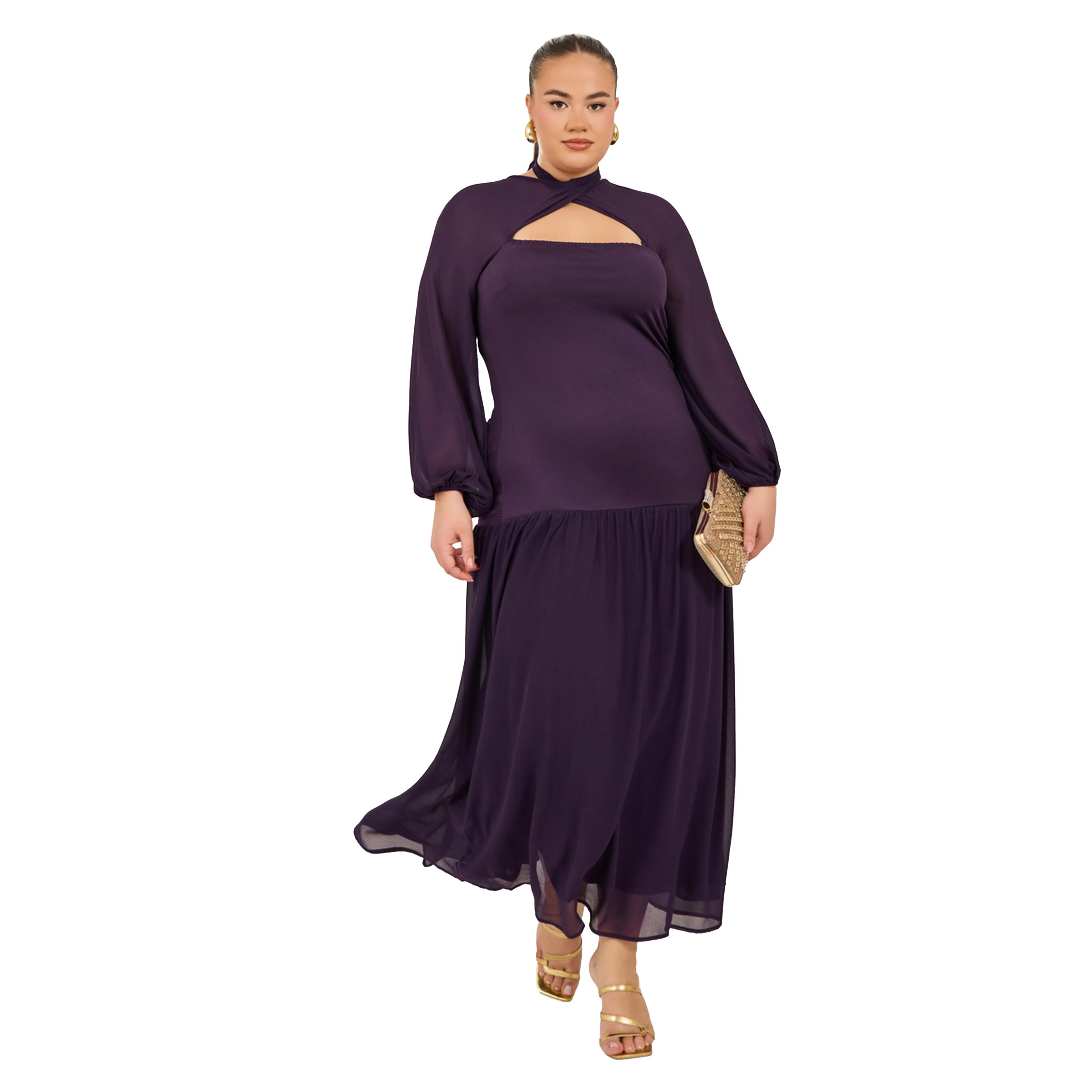 ستايلي - فستان ماكسي بنفسجي سادة بقصة A ومقاس كبير-women-clothing-dresses-image-2