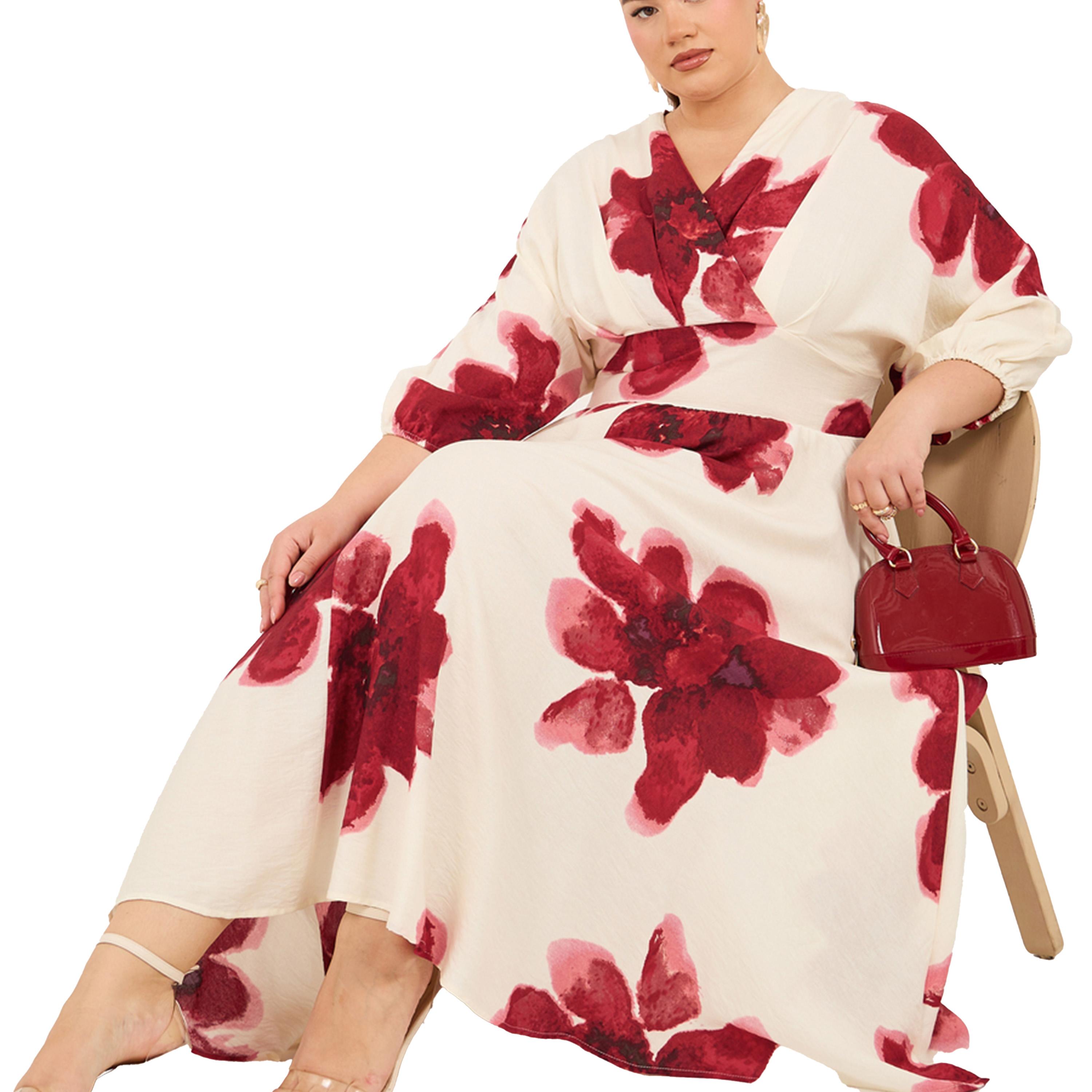 ستايلي - فستان ماكسي مطبوع برقبة V مقاس كبير-women-clothing-dresses-image-1