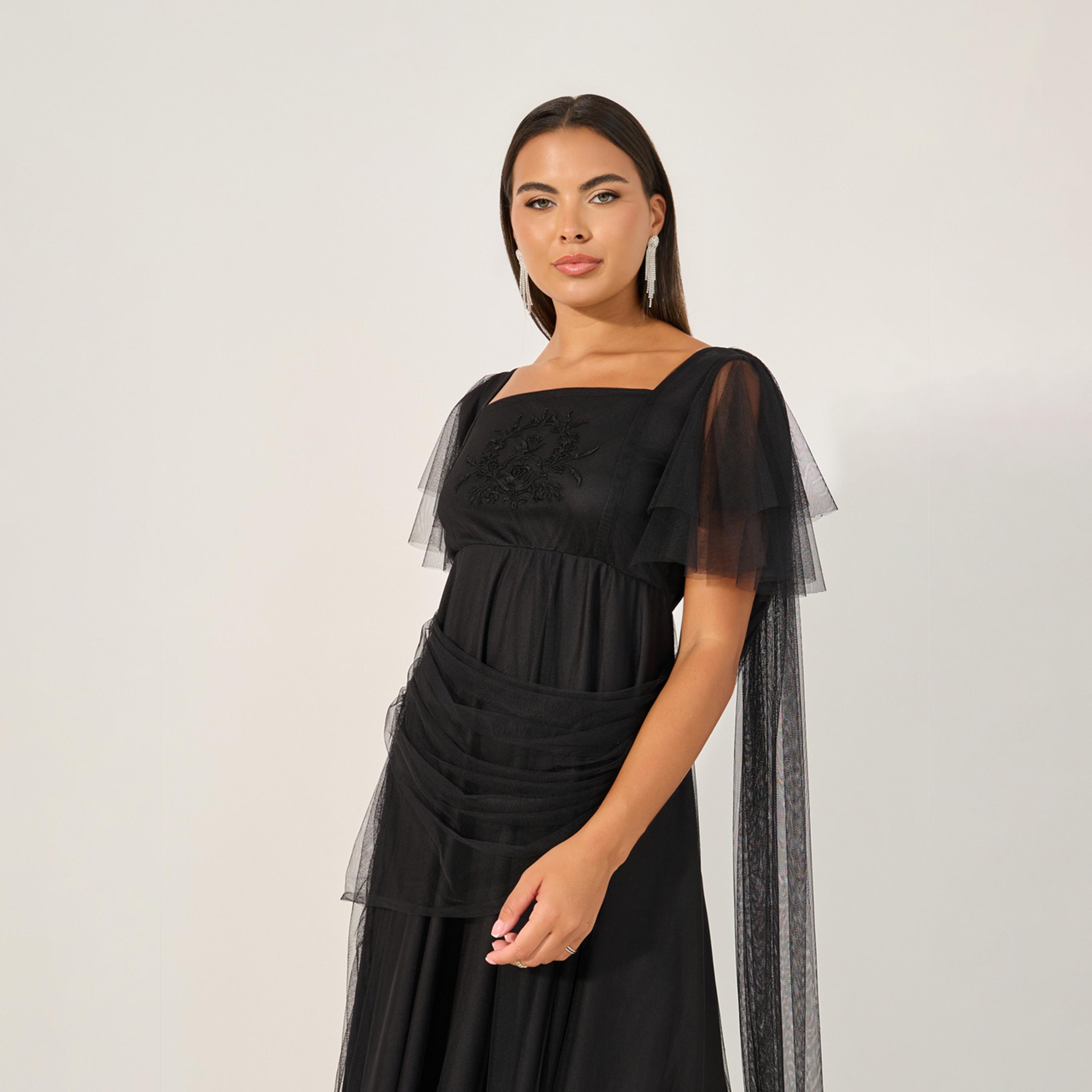Styli Embroidered Detail Flared Sleeves A-Line Maxi Dress-women-clothing-dresses-image-3