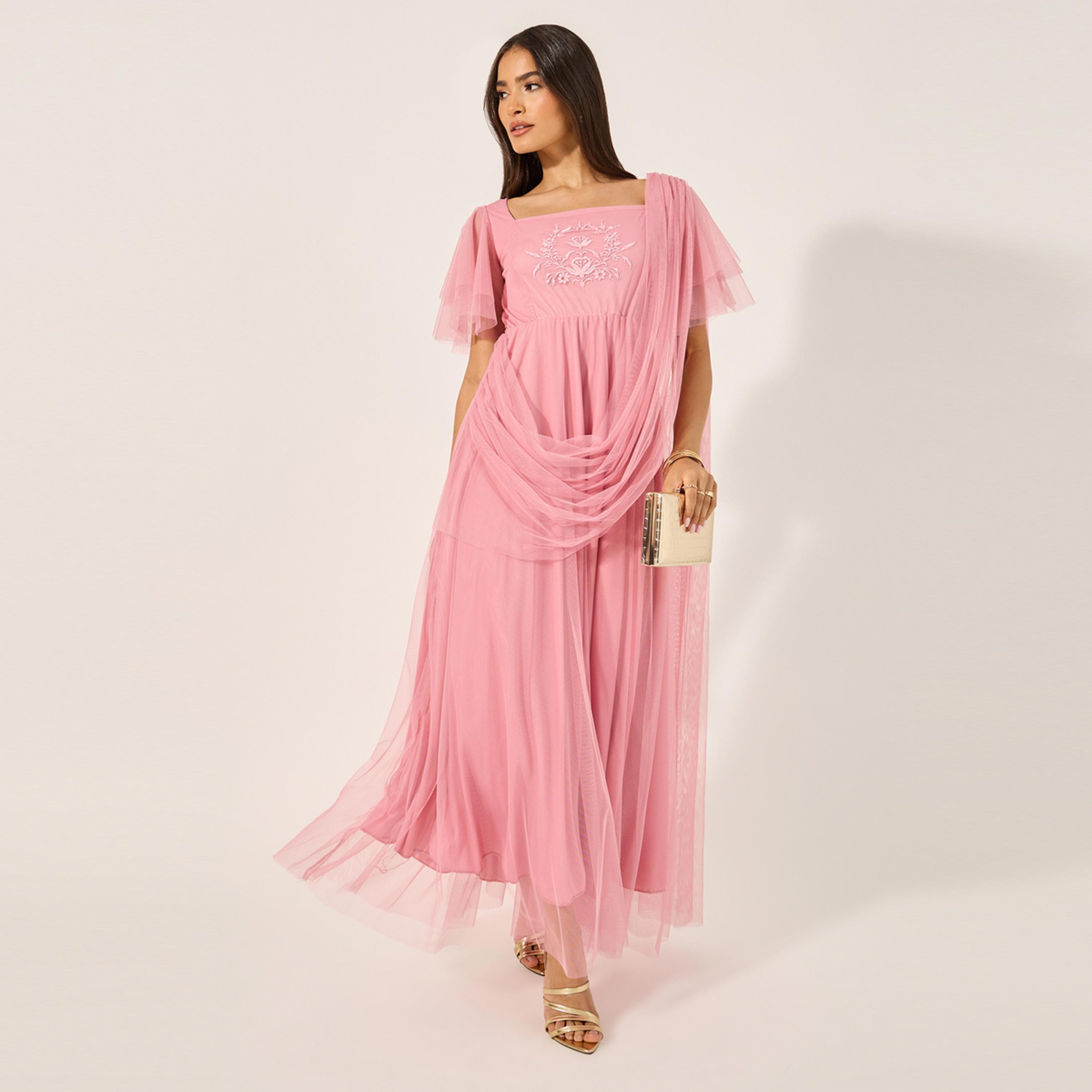 Styli U And F Pink Square Neck Net Maxi Dress-women-clothing-dresses-image-1
