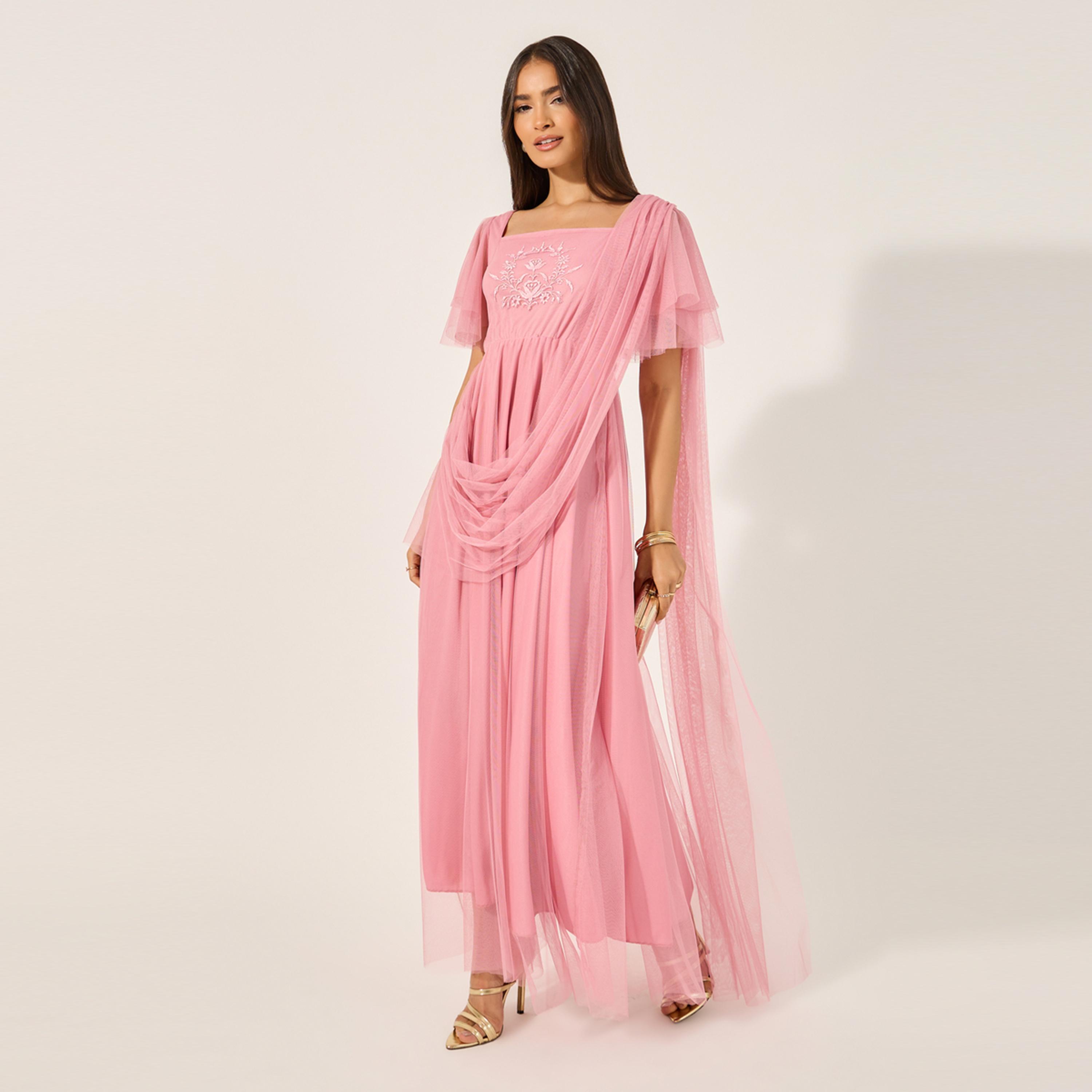 Styli U And F Pink Square Neck Net Maxi Dress-women-clothing-dresses-image-2