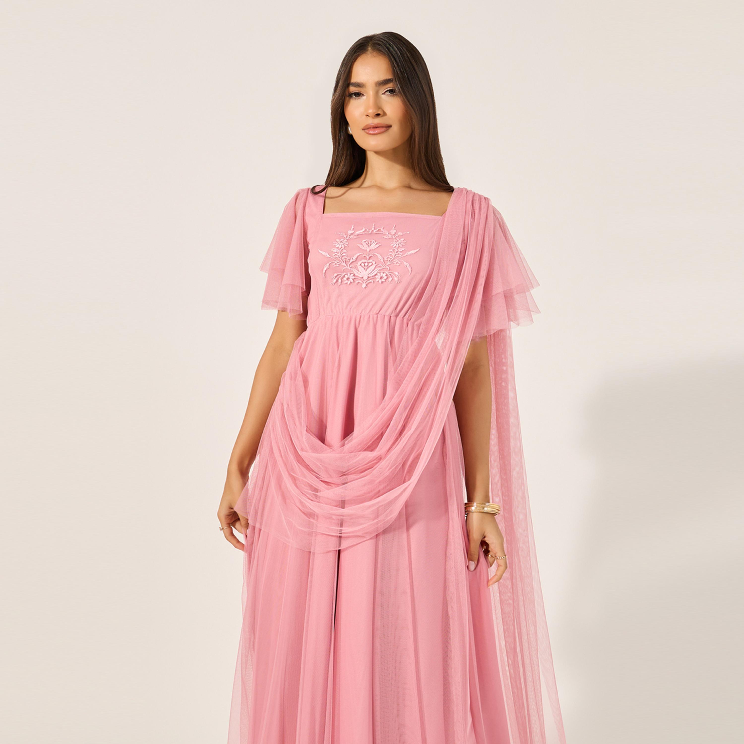 Styli U And F Pink Square Neck Net Maxi Dress-women-clothing-dresses-image-3