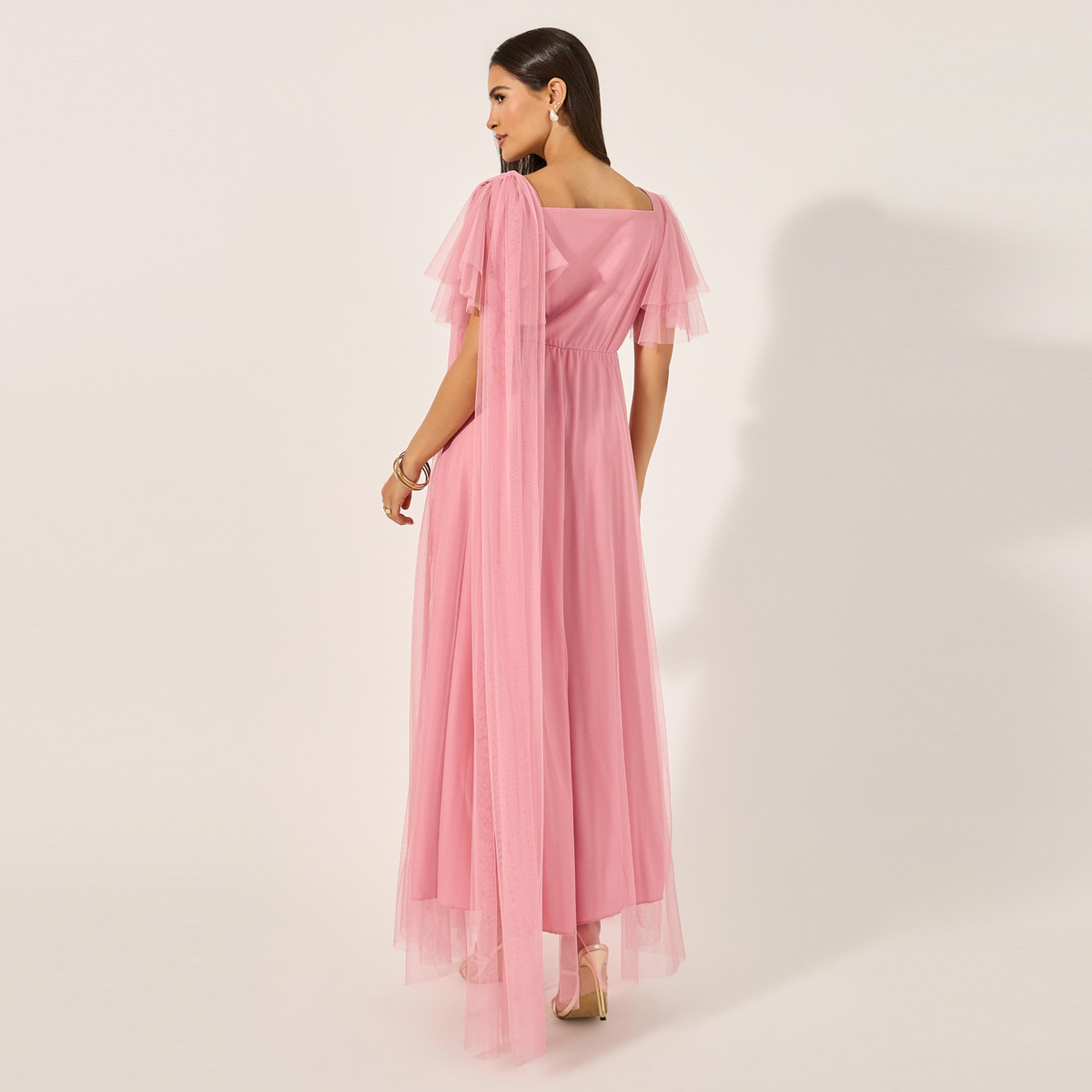 Styli U And F Pink Square Neck Net Maxi Dress-women-clothing-dresses-image-5