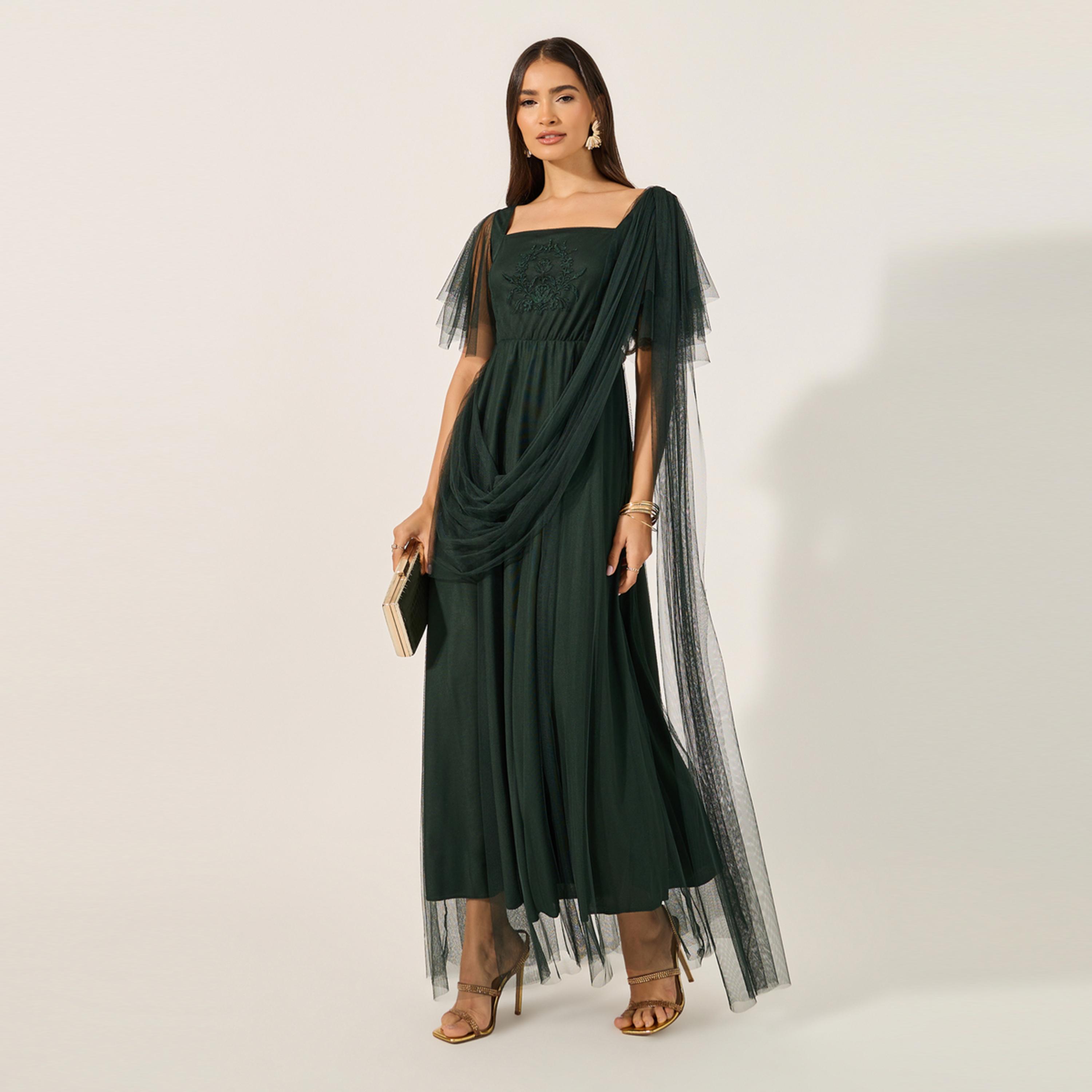 ستايلي - يو آند اف - فستان ماكسي مطرز بياقة مربعة وأكمام واسعة - أخضر-women-clothing-dresses-image-1