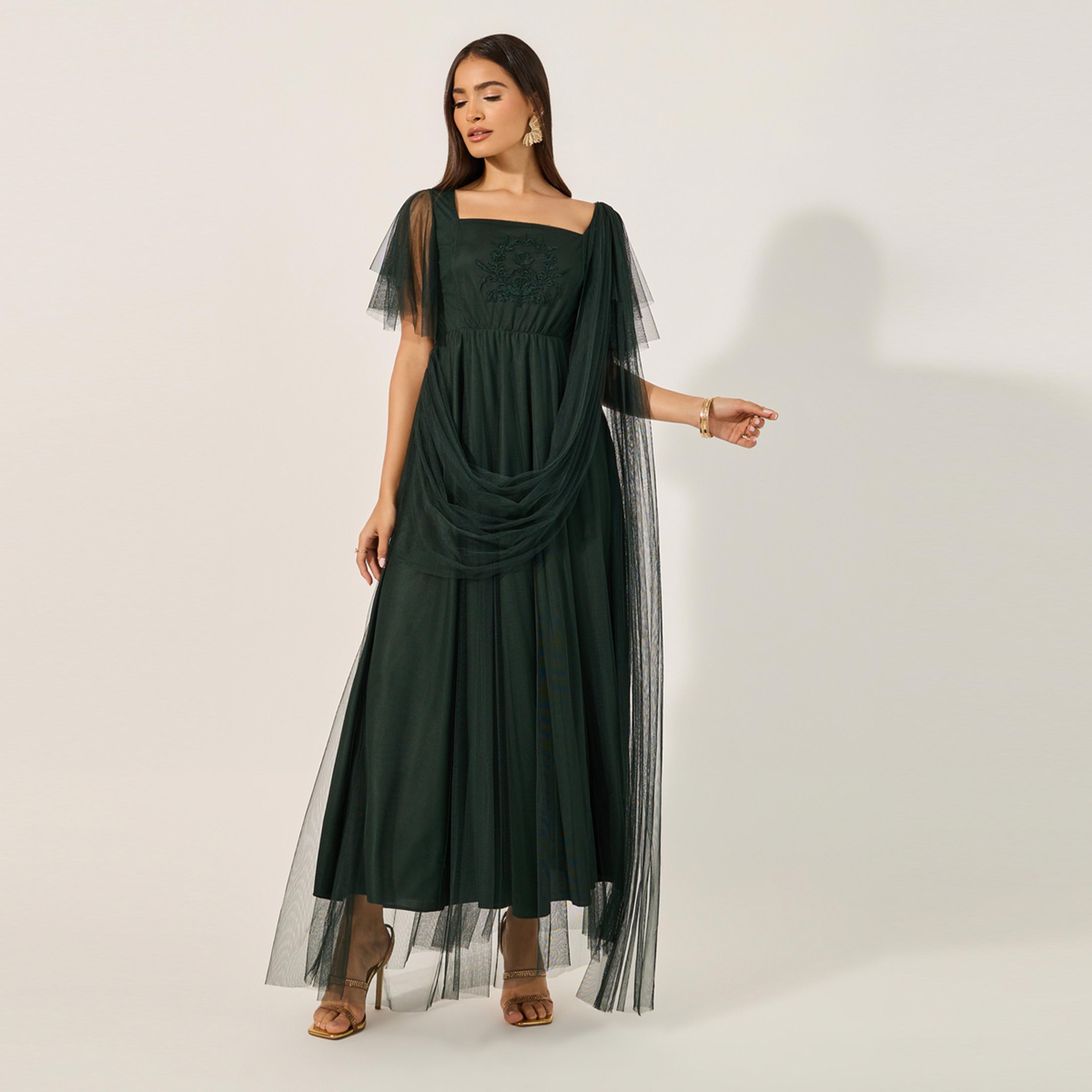 Styli U And F Green Square Neck Flared Sleeves Embroidered Net Maxi Fit And Flare Dress-women-clothing-dresses-image-2