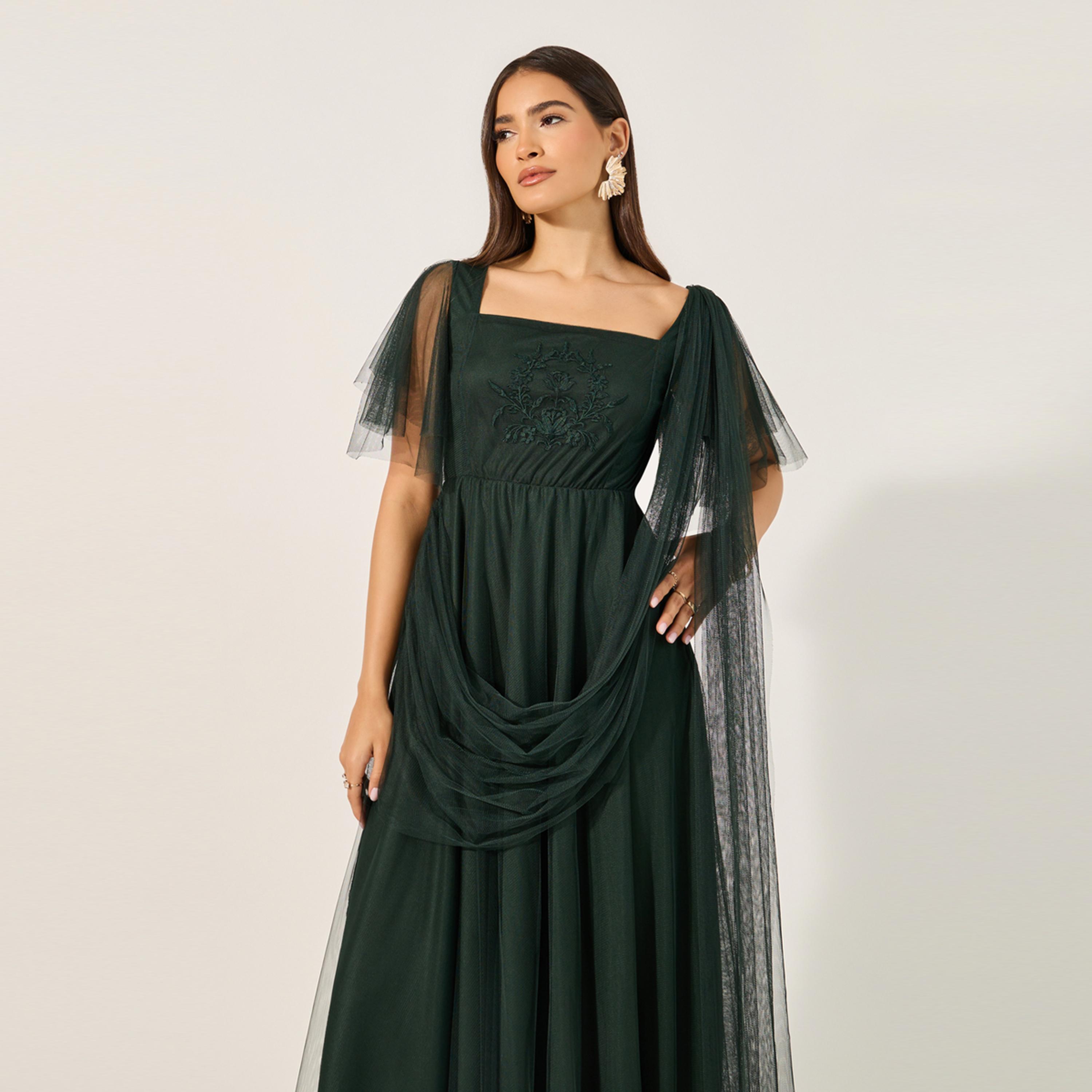 ستايلي - يو آند اف - فستان ماكسي مطرز بياقة مربعة وأكمام واسعة - أخضر-women-clothing-dresses-image-3