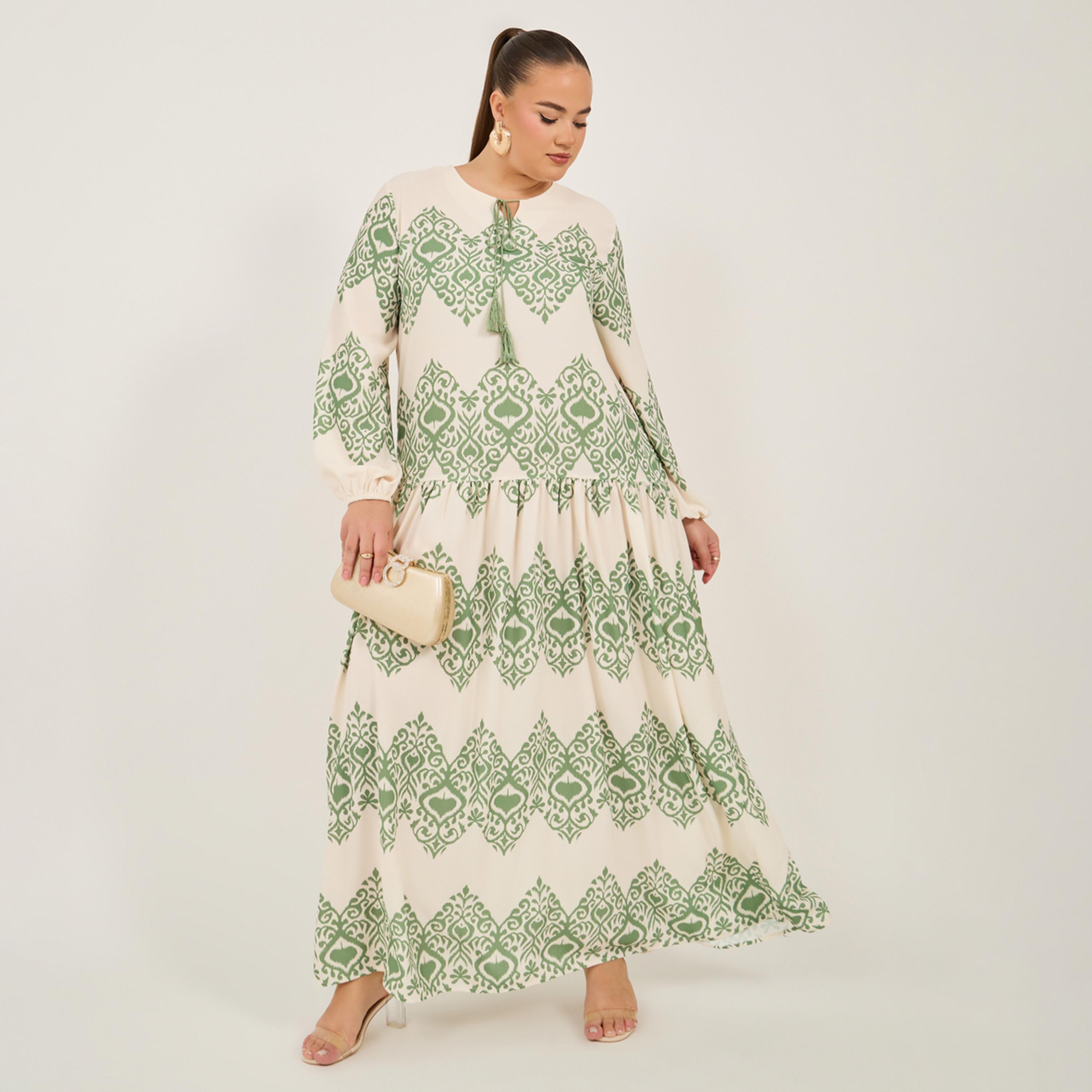 ستايلي - فستان ماكسي مطبوع بأكمام منفوخة وقصة A-women-clothing-dresses-image-1