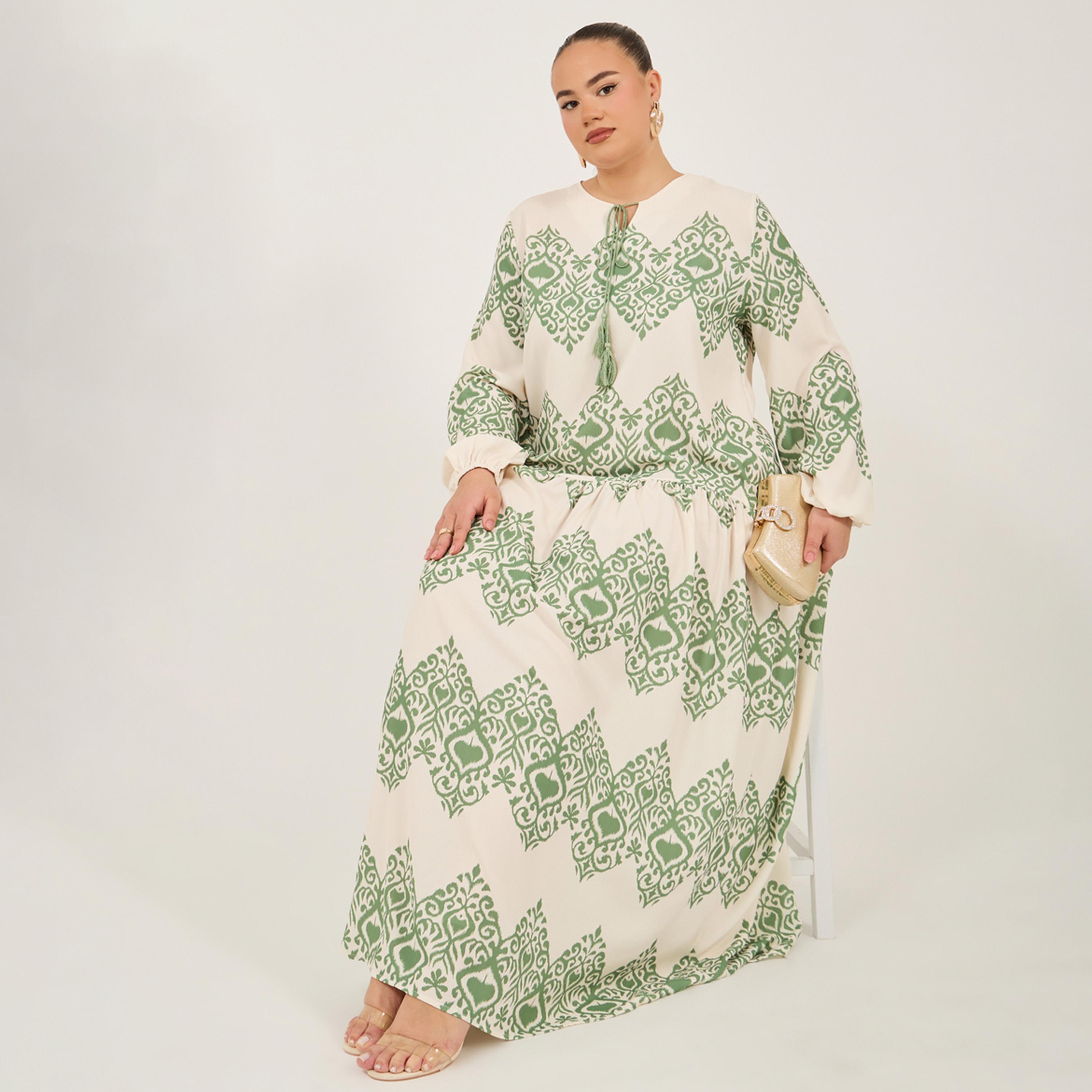 ستايلي - فستان ماكسي مطبوع بأكمام منفوخة وقصة A-women-clothing-dresses-image-2