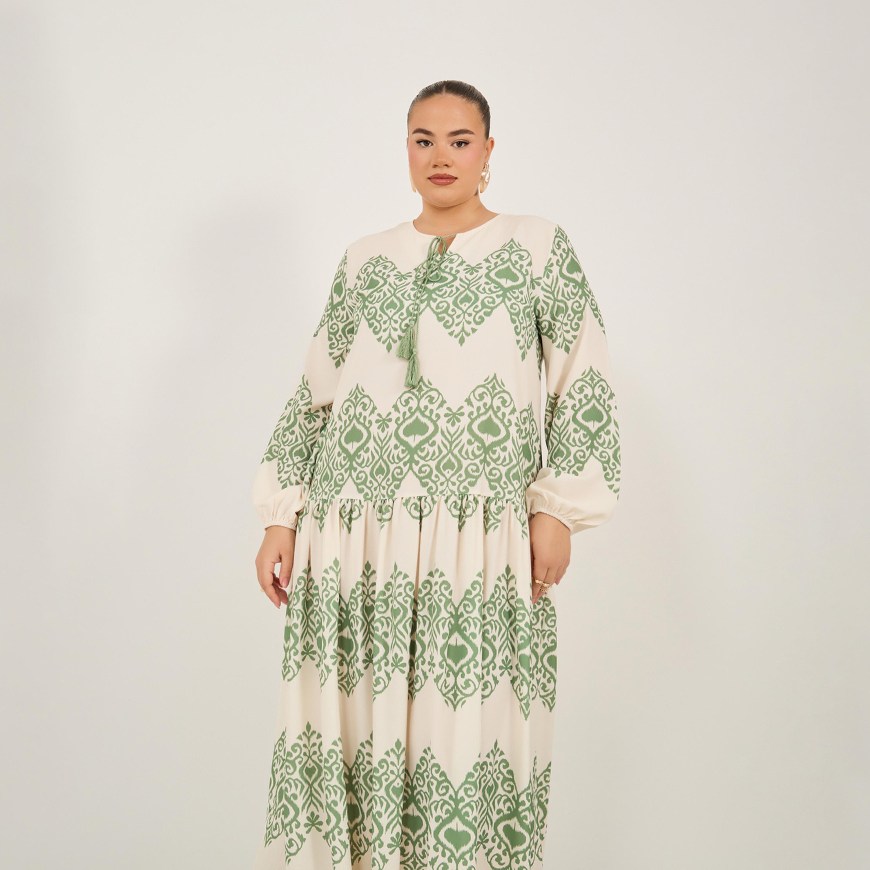 ستايلي - فستان ماكسي مطبوع بأكمام منفوخة وقصة A-women-clothing-dresses-image-3