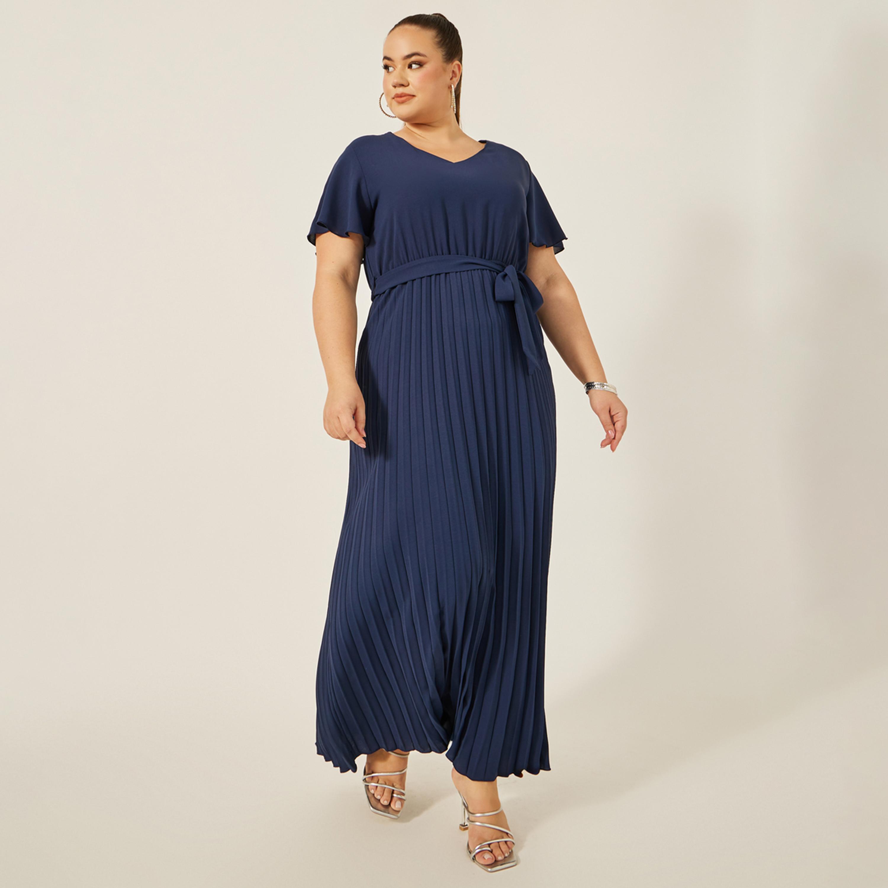 ستايلي - فستان ماكسي بأكمام قصيرة وثنيات وقصة A بمقاسات كبيرة-women-clothing-dresses-image-3