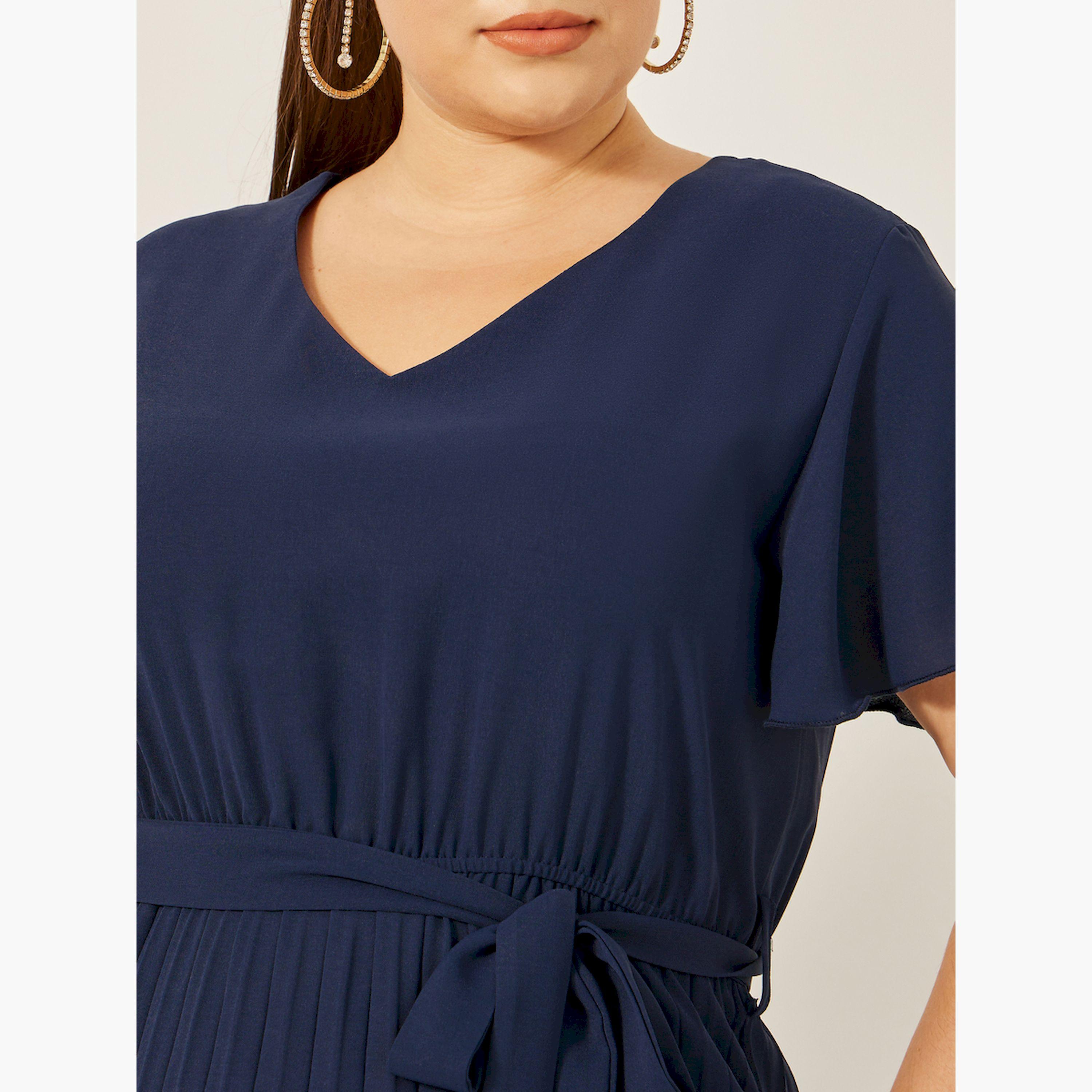 ستايلي - فستان ماكسي بأكمام قصيرة وثنيات وقصة A بمقاسات كبيرة-women-clothing-dresses-image-4