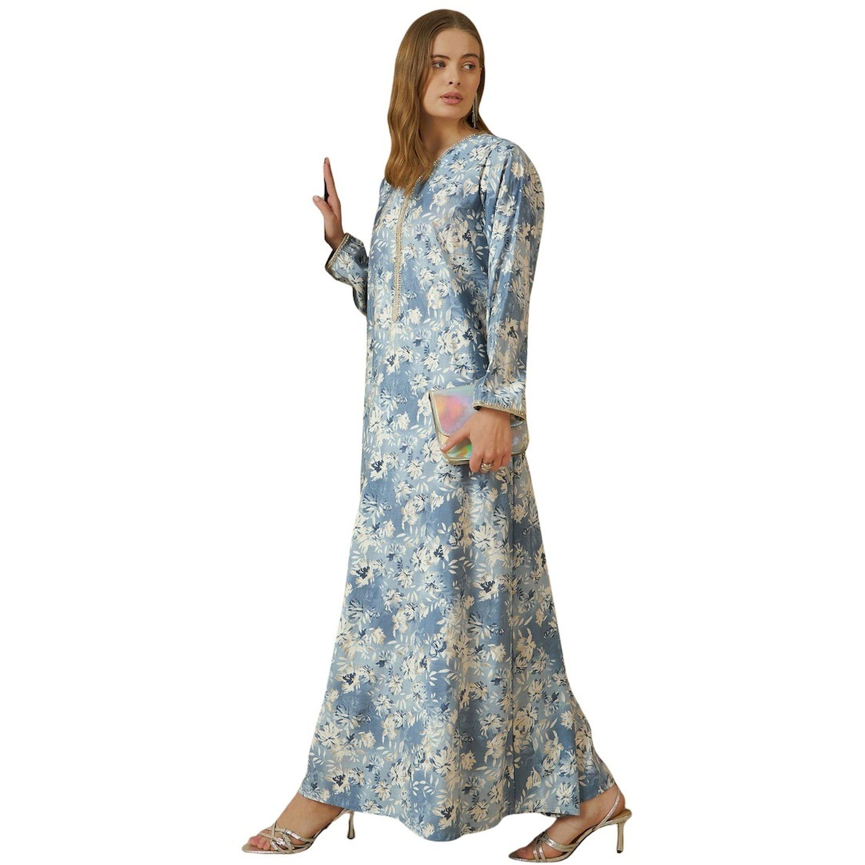 ستايلي - جلابية بطبعة زهور كاملة وياقة V وحواف من الدانتيل-women-arabicclothing-jalabiyas-image-1