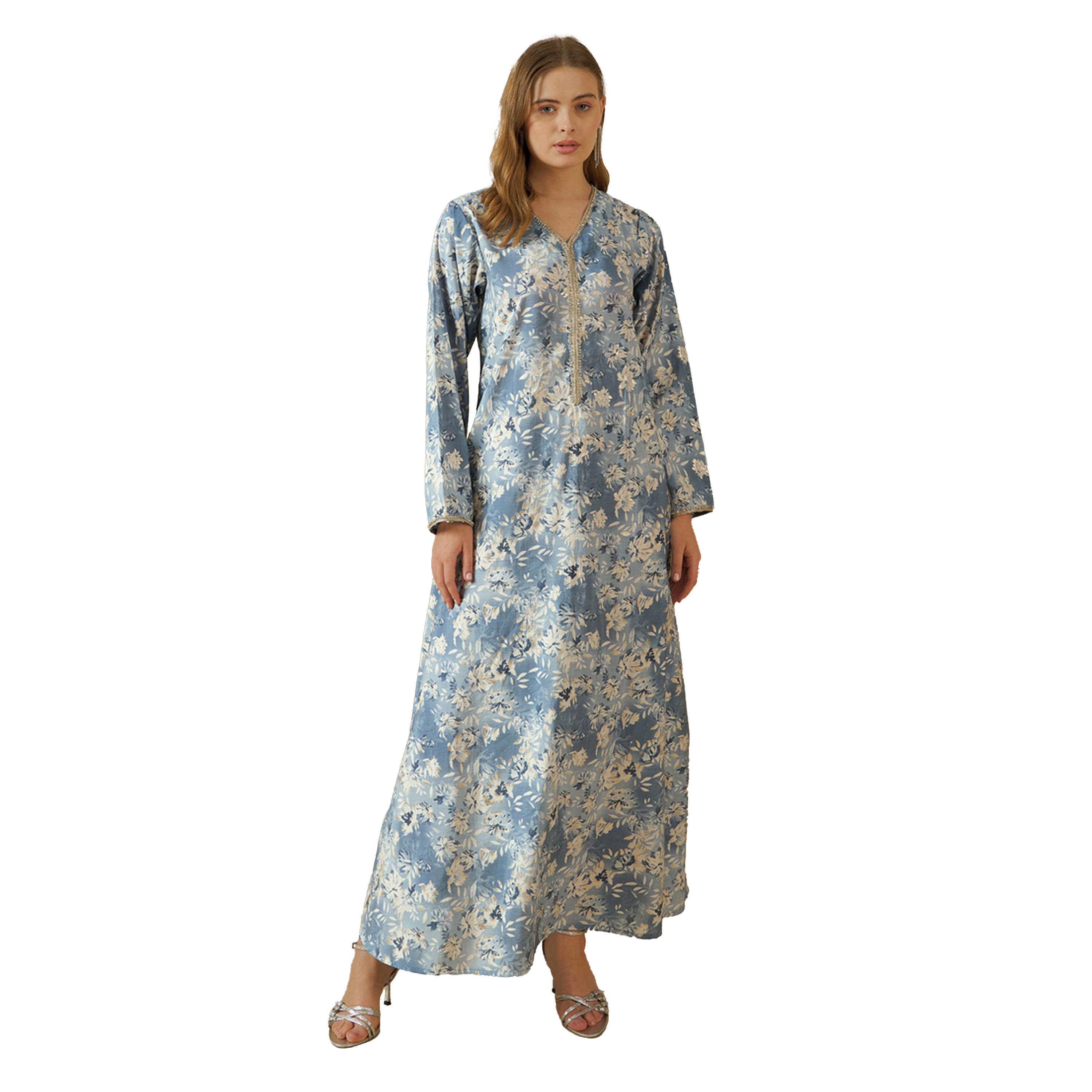 ستايلي - جلابية بطبعة زهور كاملة وياقة V وحواف من الدانتيل-women-arabicclothing-jalabiyas-image-2