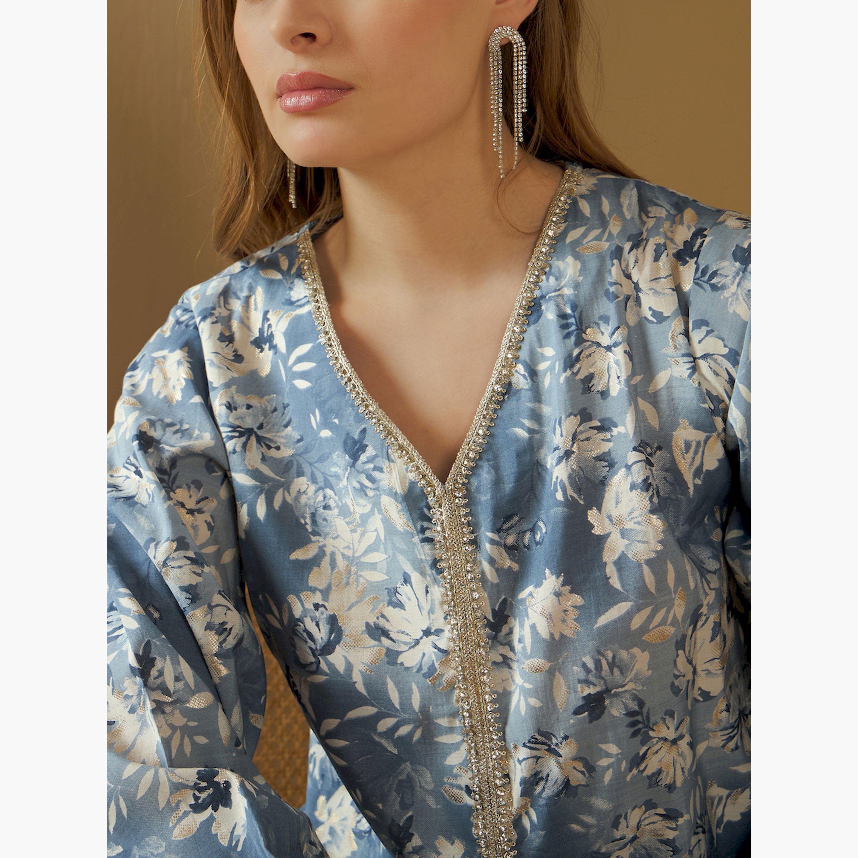 ستايلي - جلابية بطبعة زهور كاملة وياقة V وحواف من الدانتيل-women-arabicclothing-jalabiyas-image-4