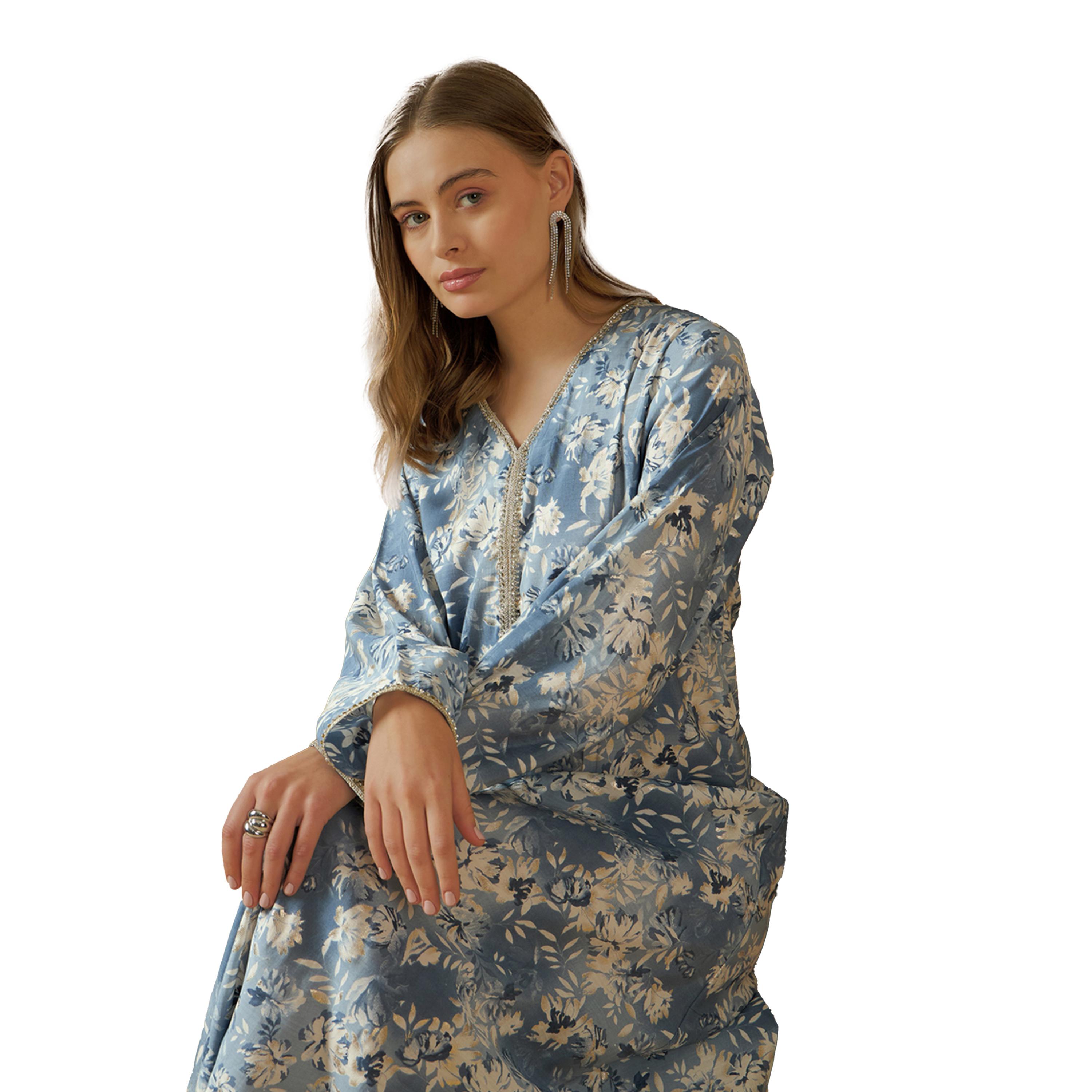 ستايلي - جلابية بطبعة زهور كاملة وياقة V وحواف من الدانتيل-women-arabicclothing-jalabiyas-image-6
