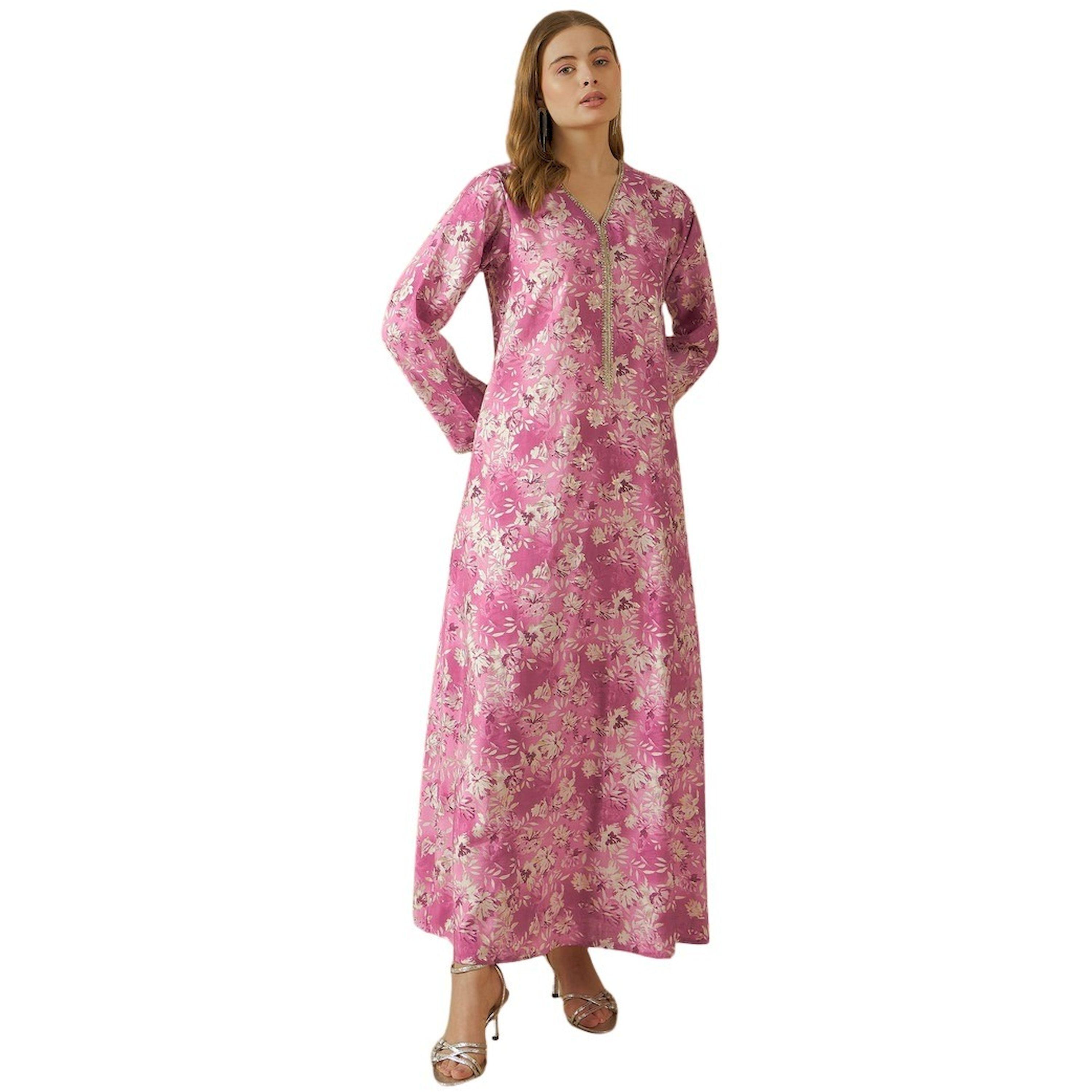 ستايلي - جلابية بطبعة زهور كاملة وياقة V وحواف من الدانتيل-women-arabicclothing-jalabiyas-image-2