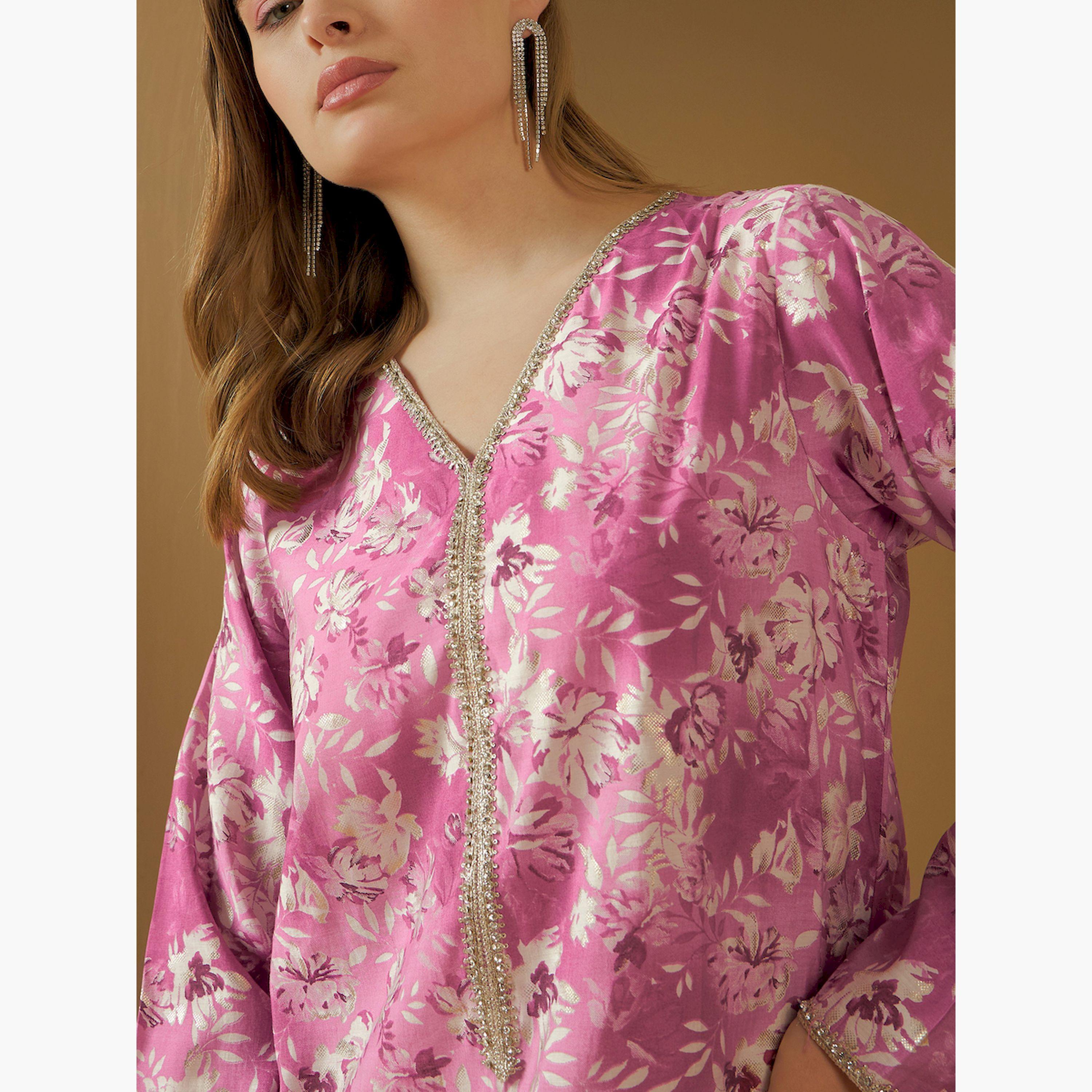 ستايلي - جلابية بطبعة زهور كاملة وياقة V وحواف من الدانتيل-women-arabicclothing-jalabiyas-image-4