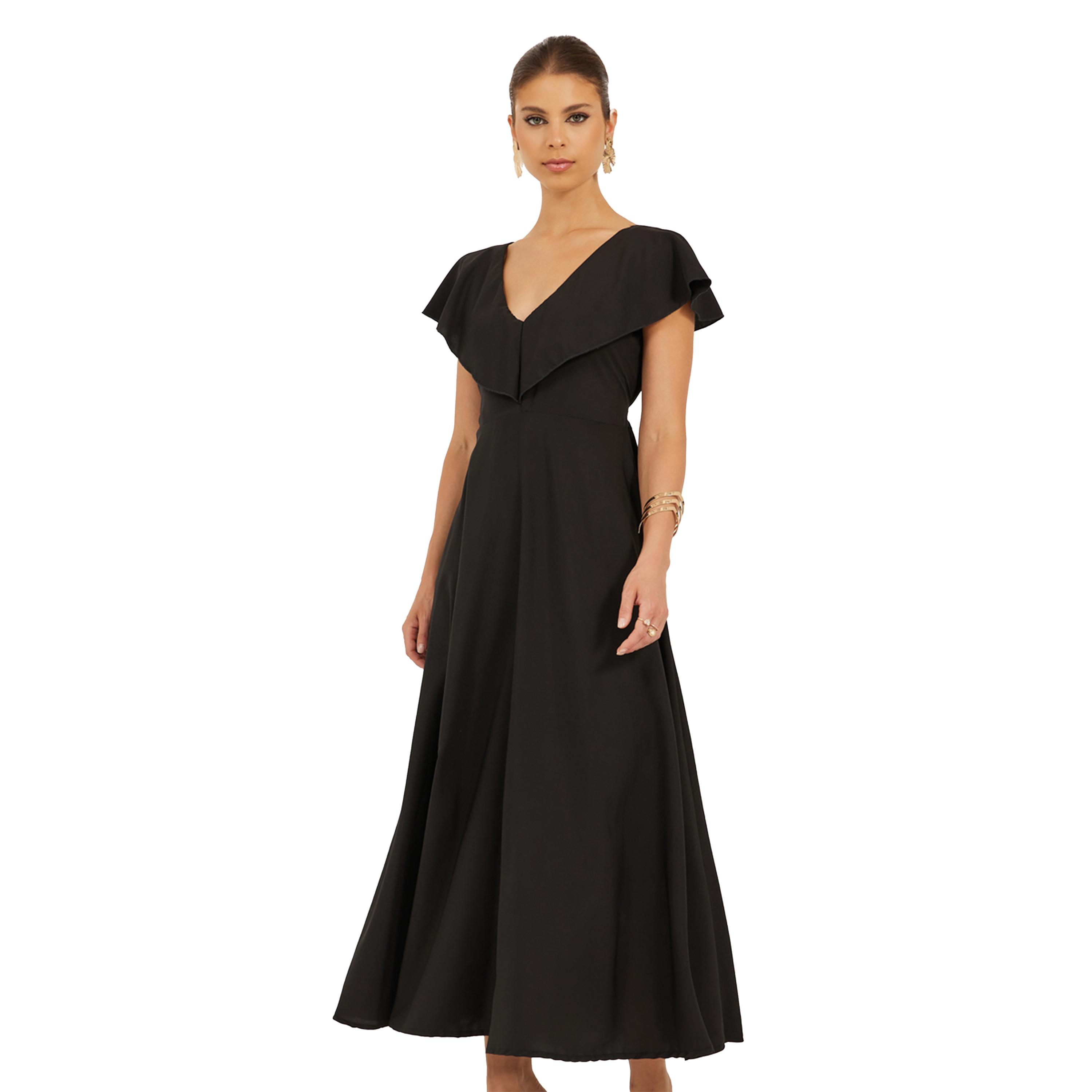 Styli Solid V-Neck A-Line Maxi Dress-women-clothing-dresses-image-3