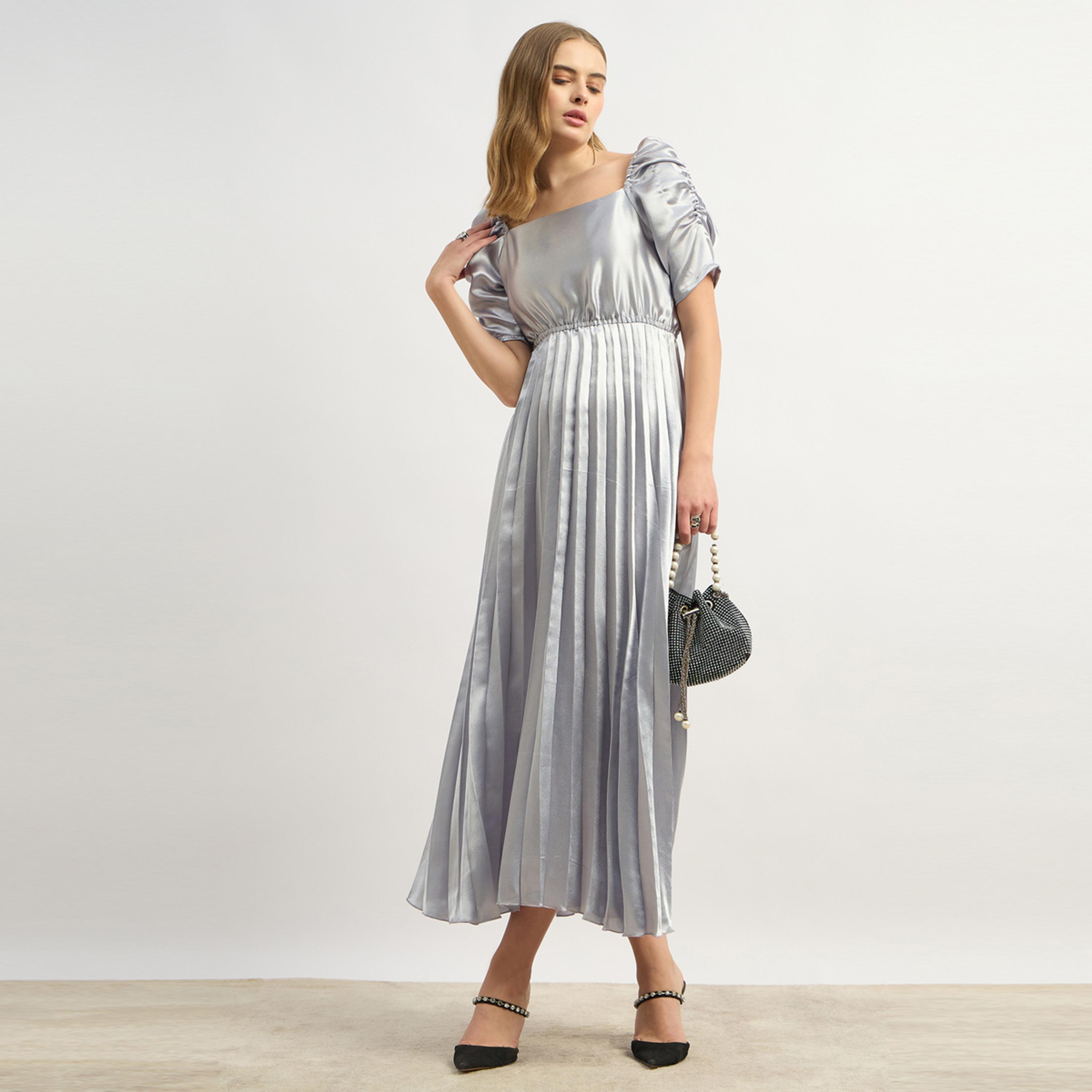 Styli U And F Blue Solid Fit And Flared Maxi Dress-women-clothing-dresses-image-1