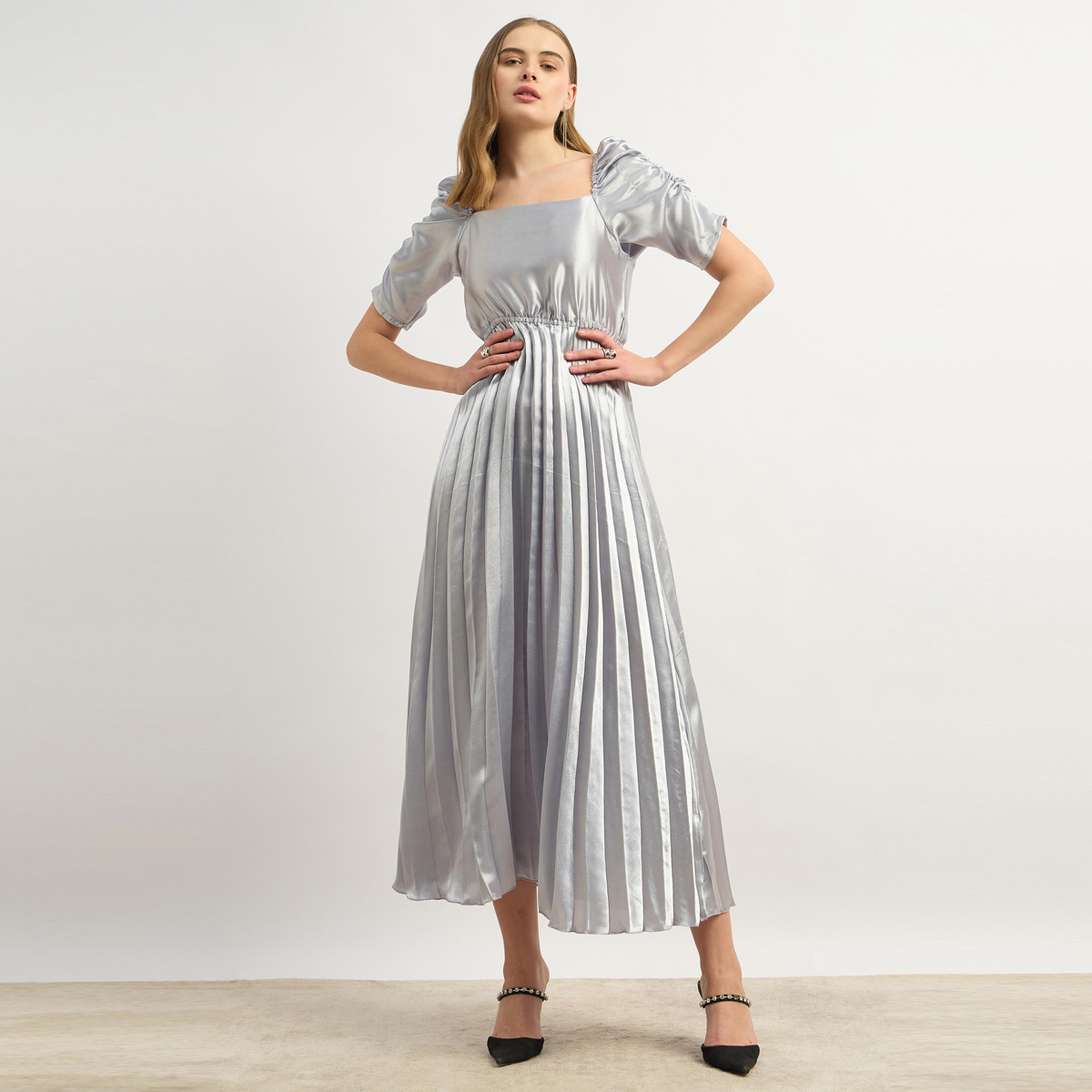 Styli U And F Blue Solid Fit And Flared Maxi Dress-women-clothing-dresses-image-2