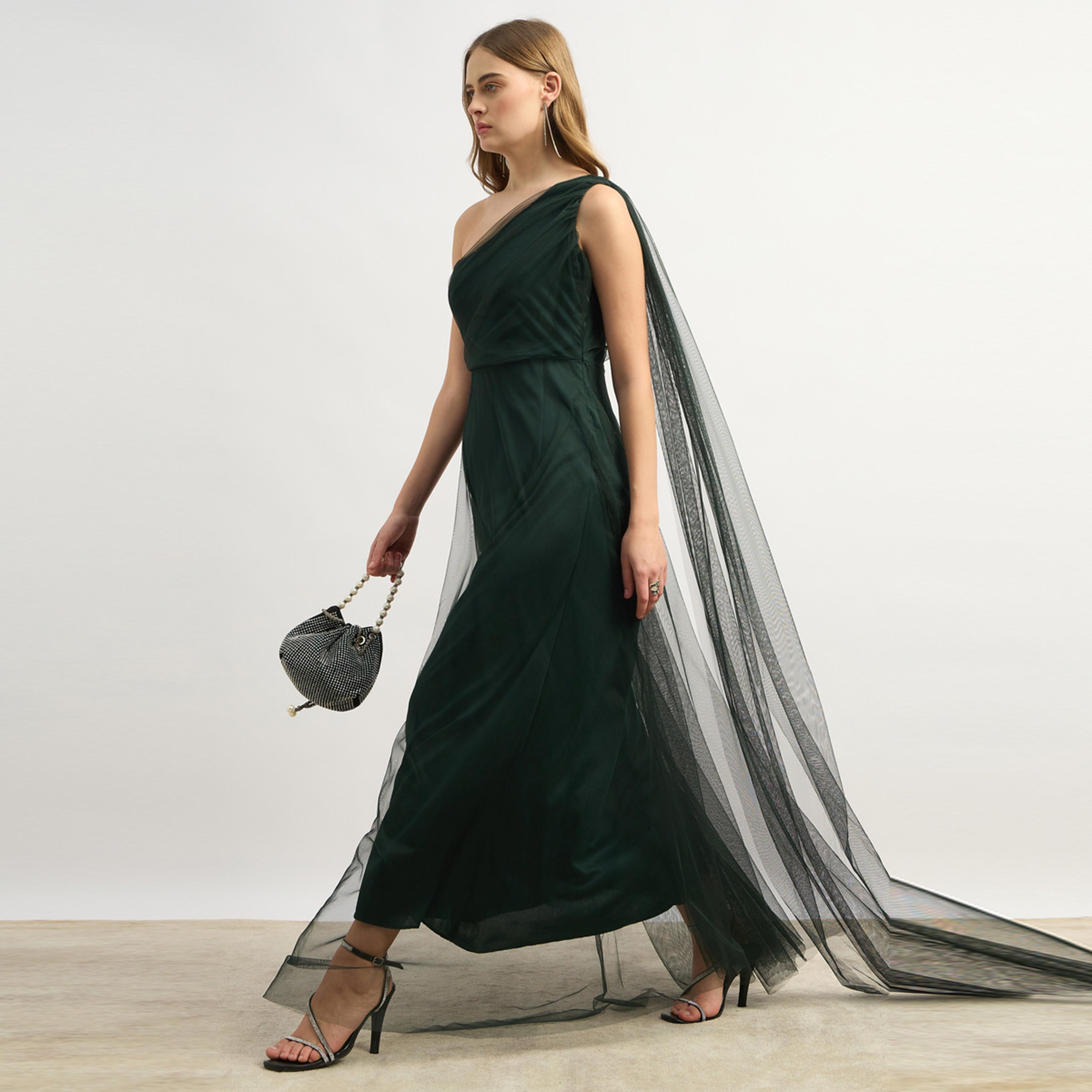 ستايلي - يو آند اف - فستان نسائي سادة بكتف واحد - أخضر-women-clothing-dresses-image-1