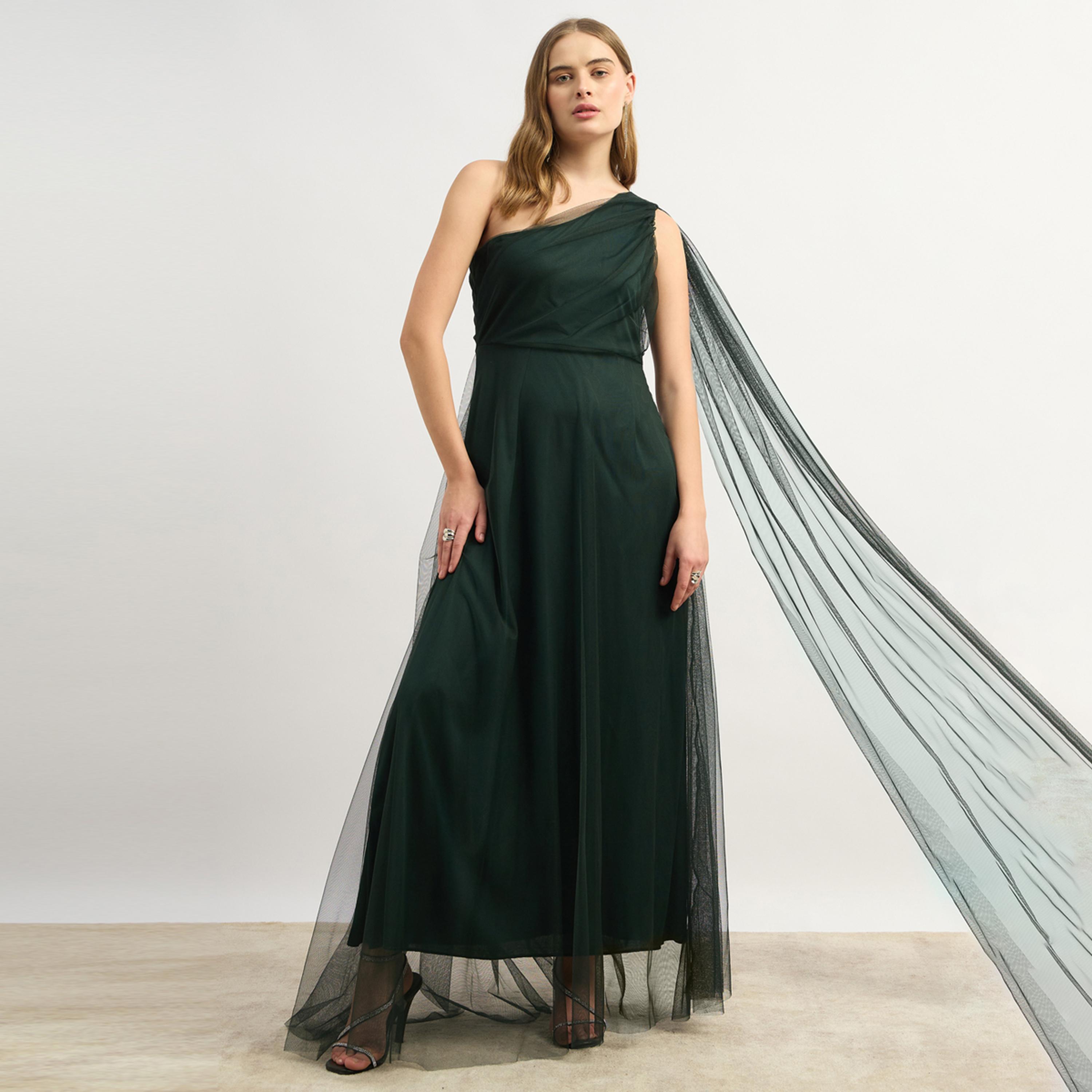 ستايلي - يو آند اف - فستان نسائي سادة بكتف واحد - أخضر-women-clothing-dresses-image-2